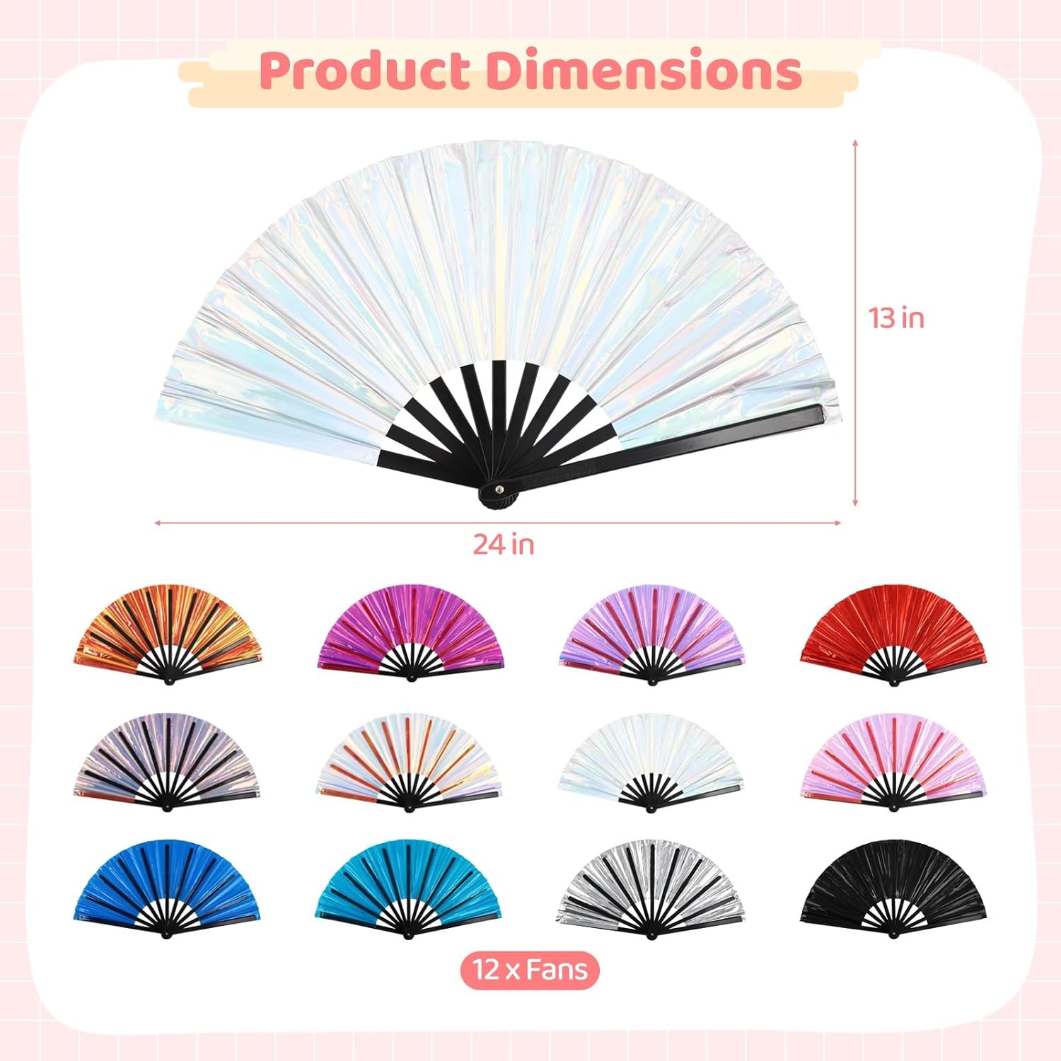 OMISTAR 12PCS Large Folding Fan, Iridescent Clack Rave Fans Bulk, PVC Foldable Fans for Craft Holding Laser Outfits Women Men Outfit Club Line Dancing