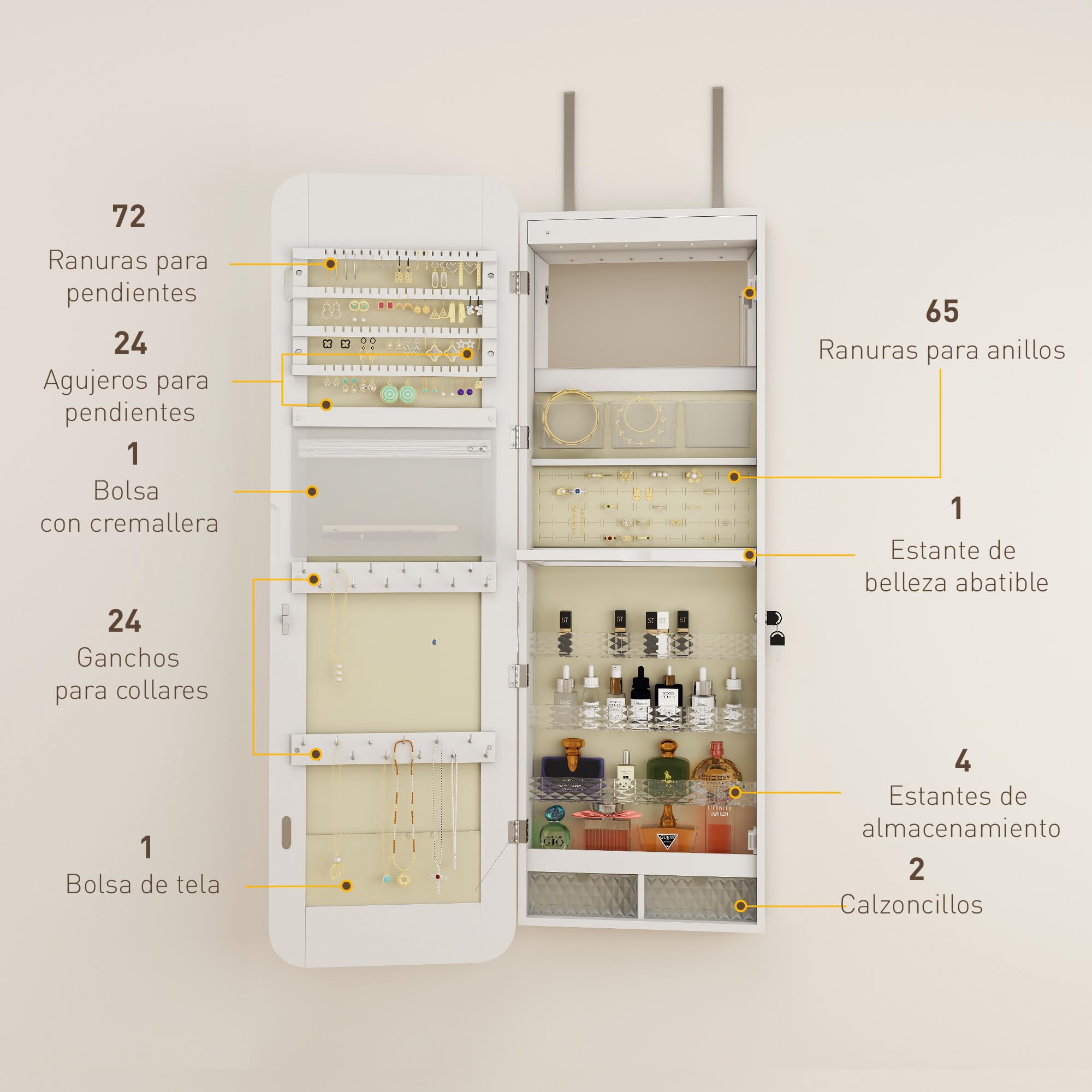 HOMCOM Espejo Joyero con Luz LED, Armario Joyero Montado en la Pared o en la Puerta, Armario para Joyas con Cerradura, Espejo Entero sin Marco, 2 Cajones, para Regalo, 37x10x120 cm, Blanco