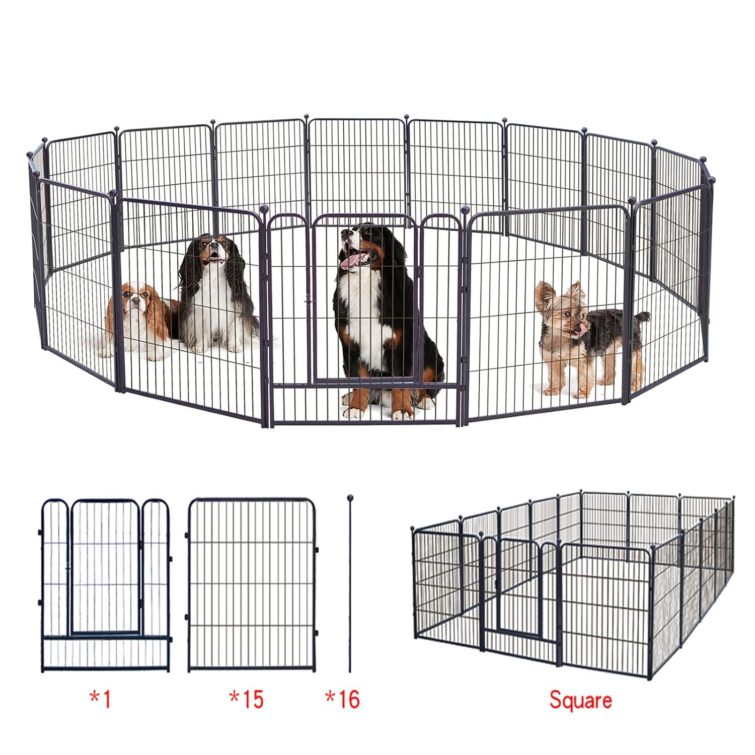 JIUJIN Dog Fence,16 Panels 32 Inch in Heavy Duty Folding Indoor Outdoor Anti-Rust Dog Exercise playpen, Portable Pet Playpen with Door, Black
