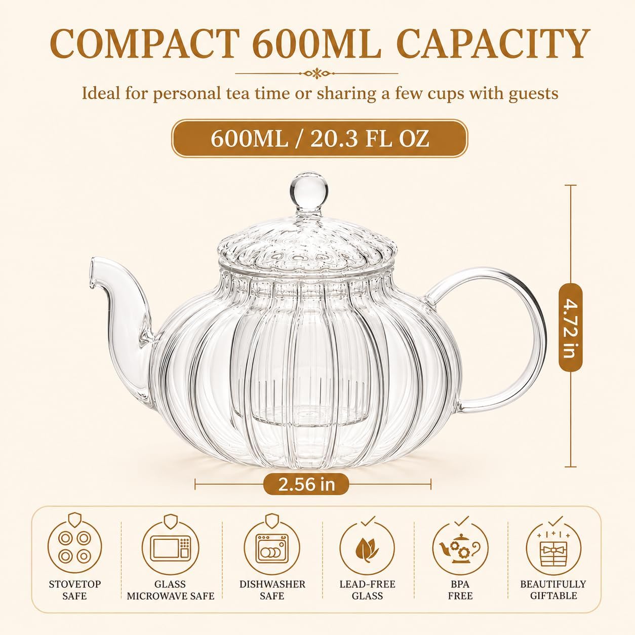 DOITOOL Pumpkin Glass Teapot with Infuser, 20 fl oz Heat-Resistant Tea Pot