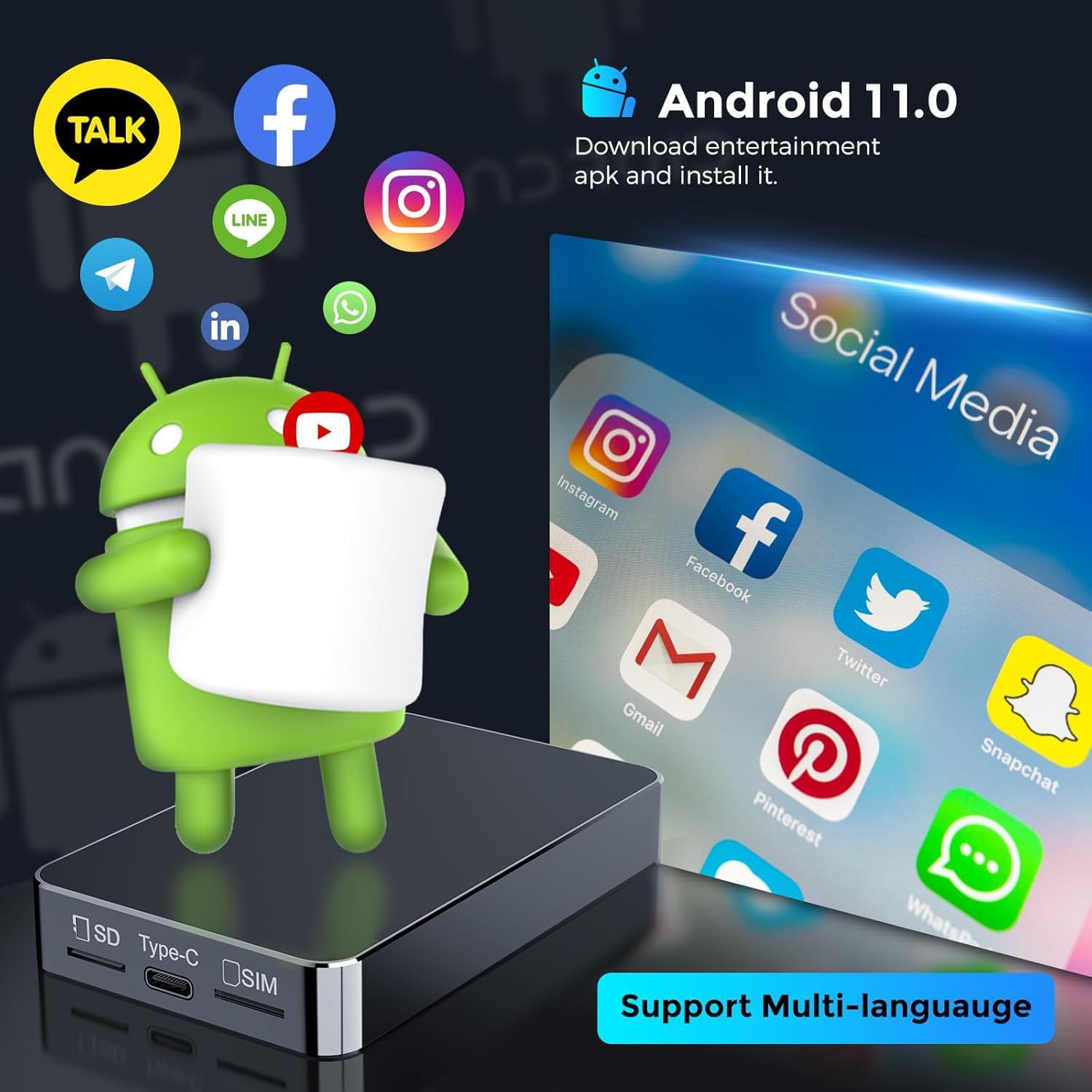 Android 11.0 interface showing various social media and streaming app icons, indicating support for multi-language and app installation.