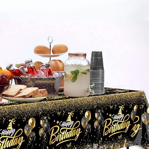 Miniatura 4 de Decoraciones de feliz cumpleaños, mantel dorado y negro, fundas rectangulares de plástico desechables para hombres y mujeres, fiesta de cumpleaños