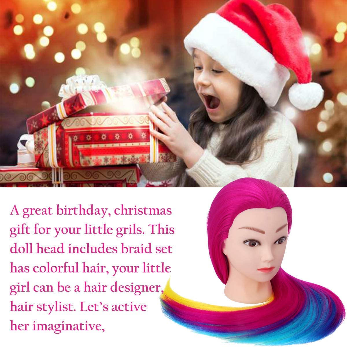 Cabeza de maniquí de pelo colorido de 29 pulgadas, cabeza de maniquí de cosmetología, cabeza de muñeca, práctica de peinado, cabezales de trenzado con soporte de abrazadera y juego de 4