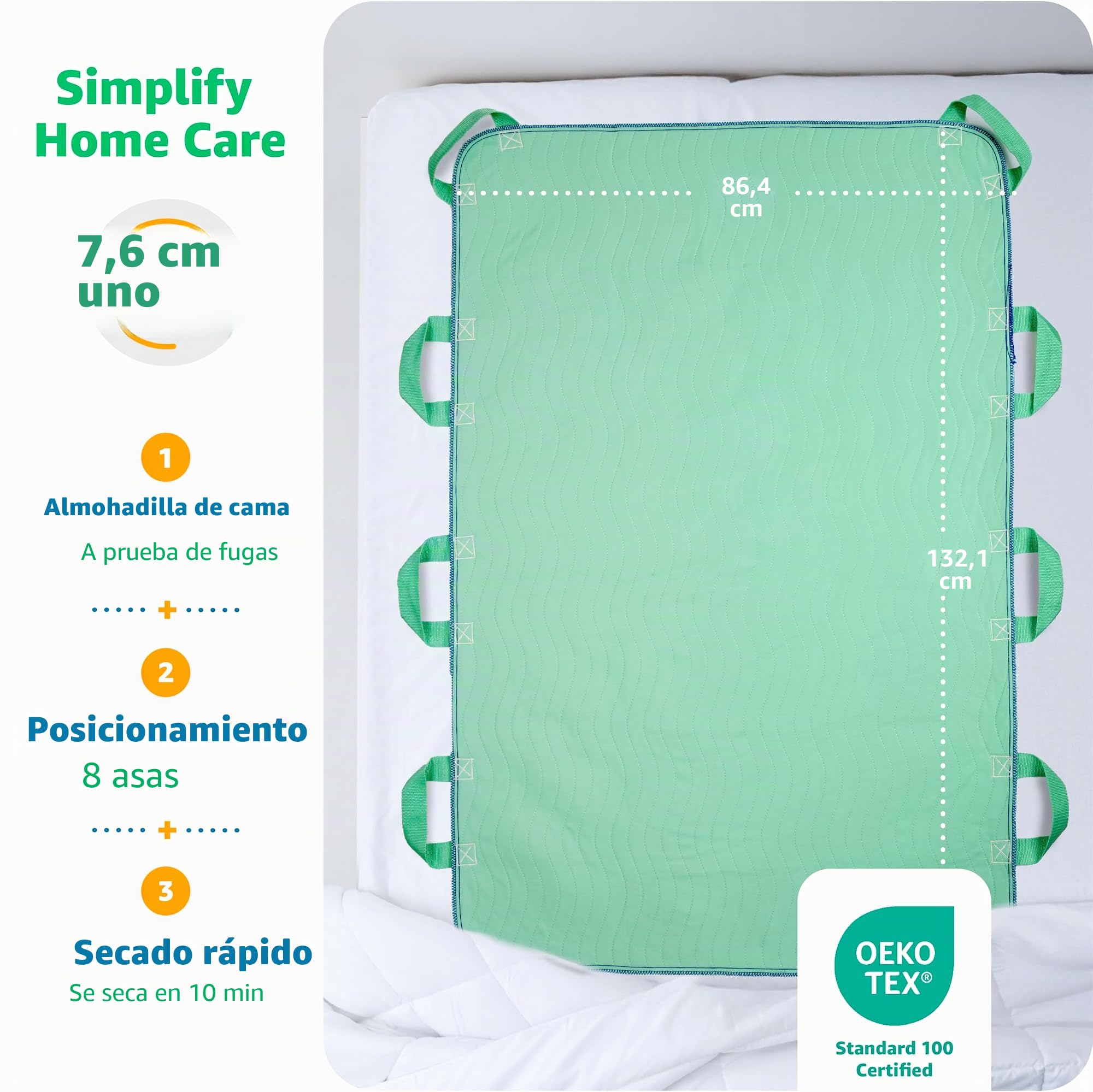 Improvia Almohadilla de cama de posicionamiento, con 8 asas reforzadas, secado rápido, lavable, impermeable, para levantar, girar, trasladar, ancianos e incontinencia (verde, 86 x 132 cm, paquete de 1