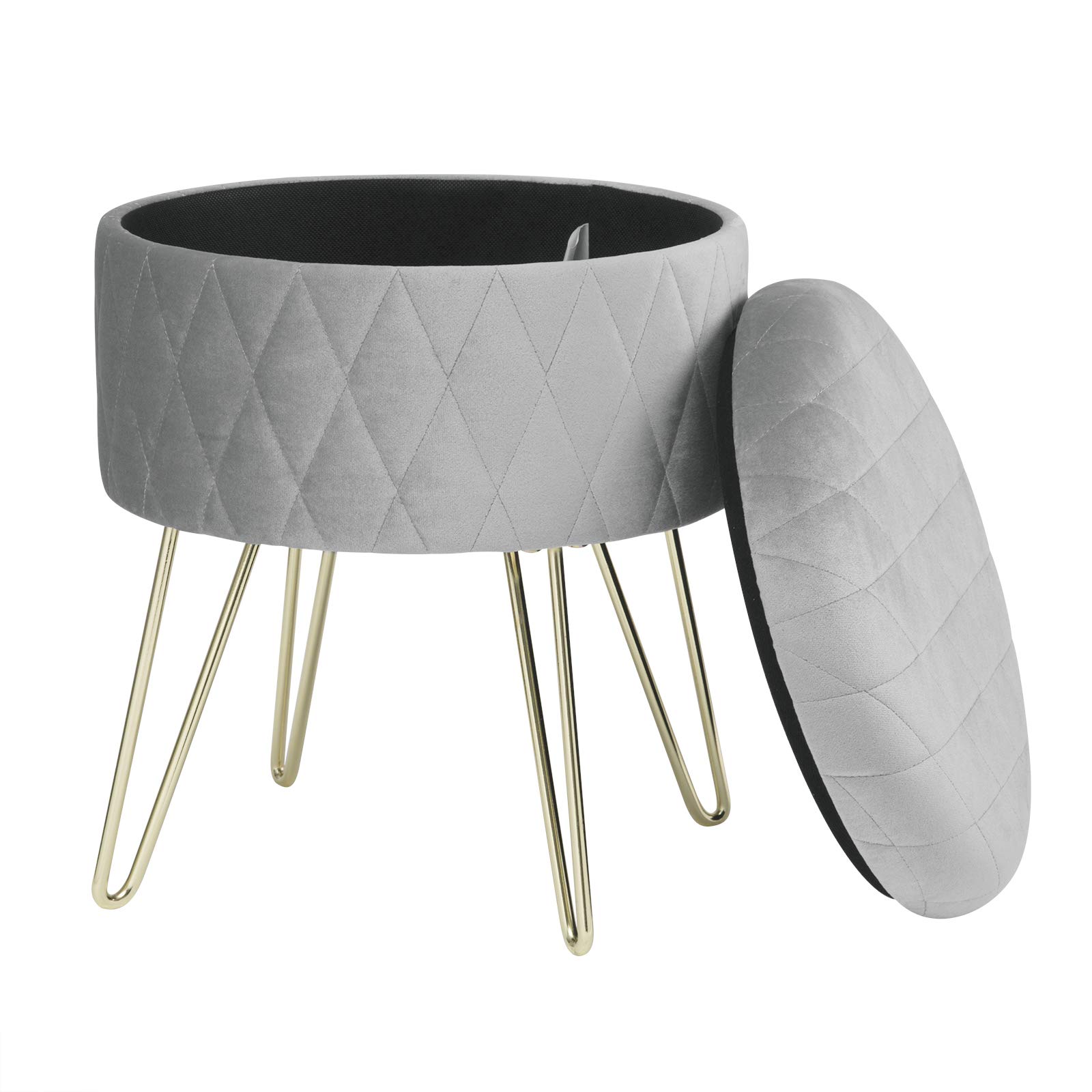 WOLTU Puff Asiento Almacenaje Terciopelo Redondo/Otomana Taburete Sofá Dormitorio Habitacion con Tapa Caja de Almacenamiento 31,5 x35cm Gris Claro