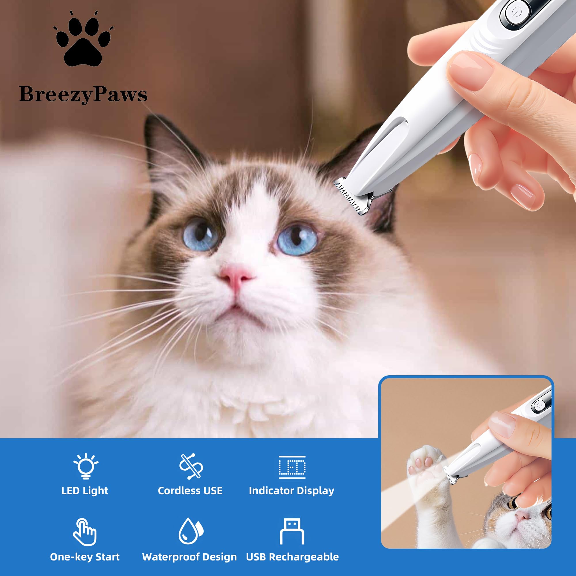 BreeyPaws Cat Clippers Dog Paw Trimmer Grooming Kit,4 in 1 Cat Shaver for matted Fur Claw Silent,Pet Shaver Trimmer for Dogs Cats Paws,2 Speed Battery Display Startup Locked USB Charge Cable (White) - Image 3