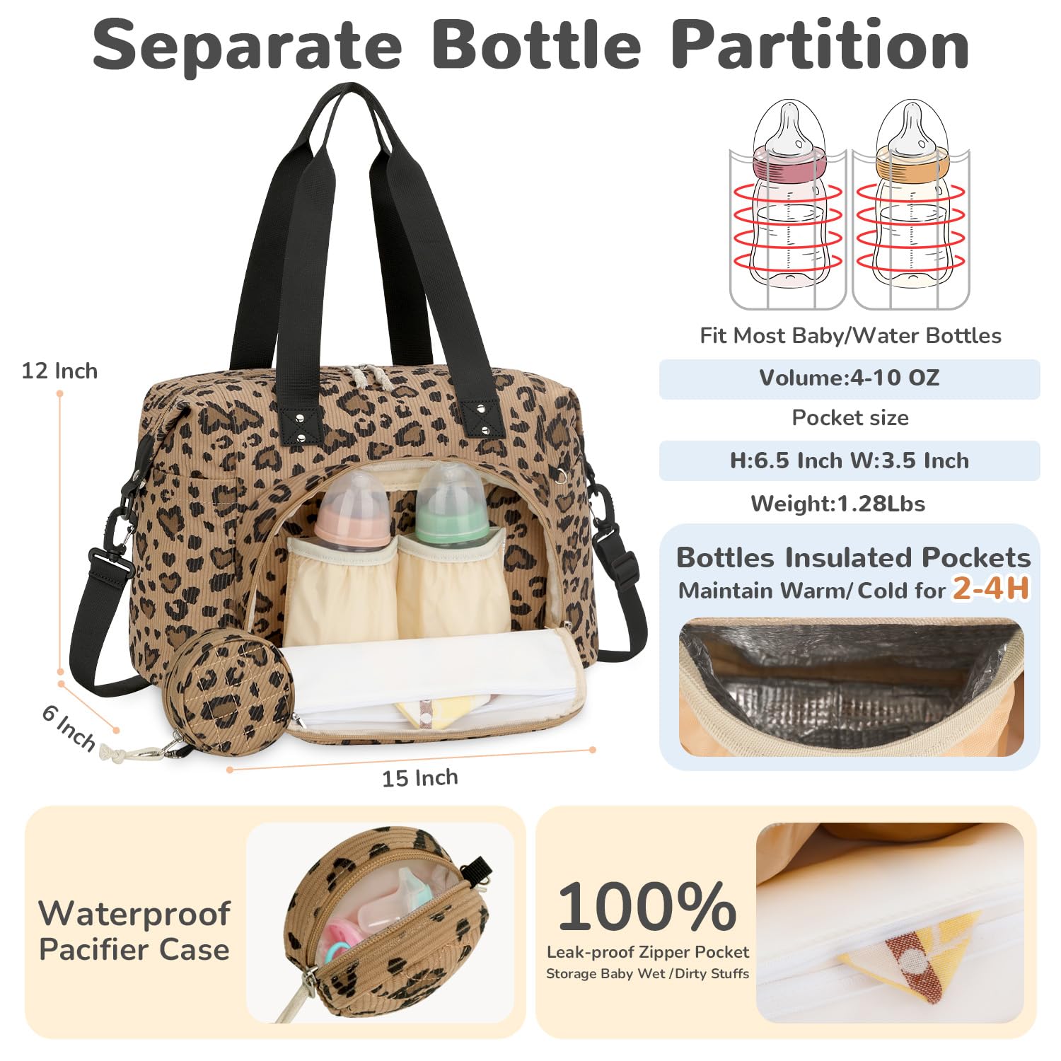 Tenot Corduroy Diaper Bag Tote, Baby Bag Travel Diaper Tote Bag with Pacifier Case, Large Tote Diaper Bag for Women, Baby Diaper Bags For Baby Girl Boy Mom Maternity Hospital Bag, Leopard Print