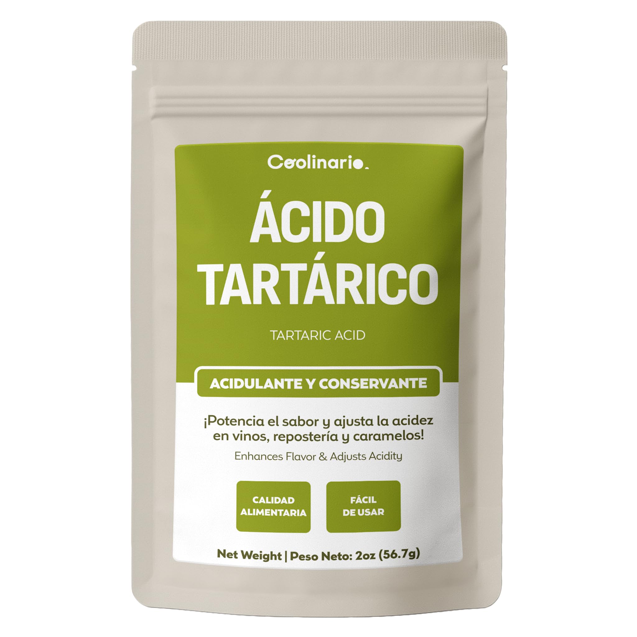 Coolinario Ácido Tartárico en Polvo (56 g) Acidulante Natural para Vinos, Repostería y Caramelos | Ajusta Acidez | Sustituto de Crema Tártara | Grado Alimenticio