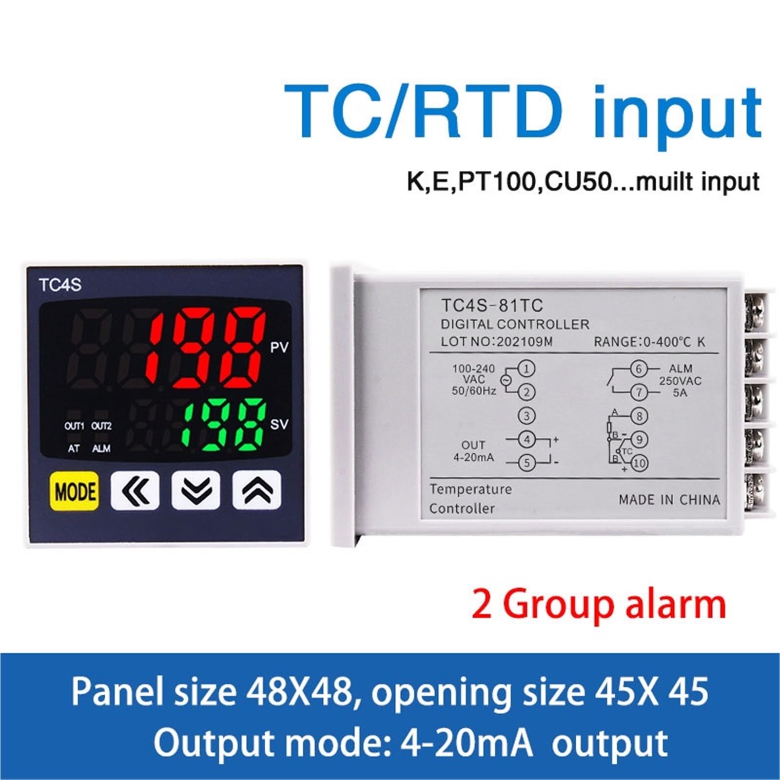 QAXIOQCS TC4S 48 * 48 K Type Input Digital Display Intelligent PID Temperature Controller Instrument SSR+Relay 4-20mA Output(4-20mA Opt 2ALM)