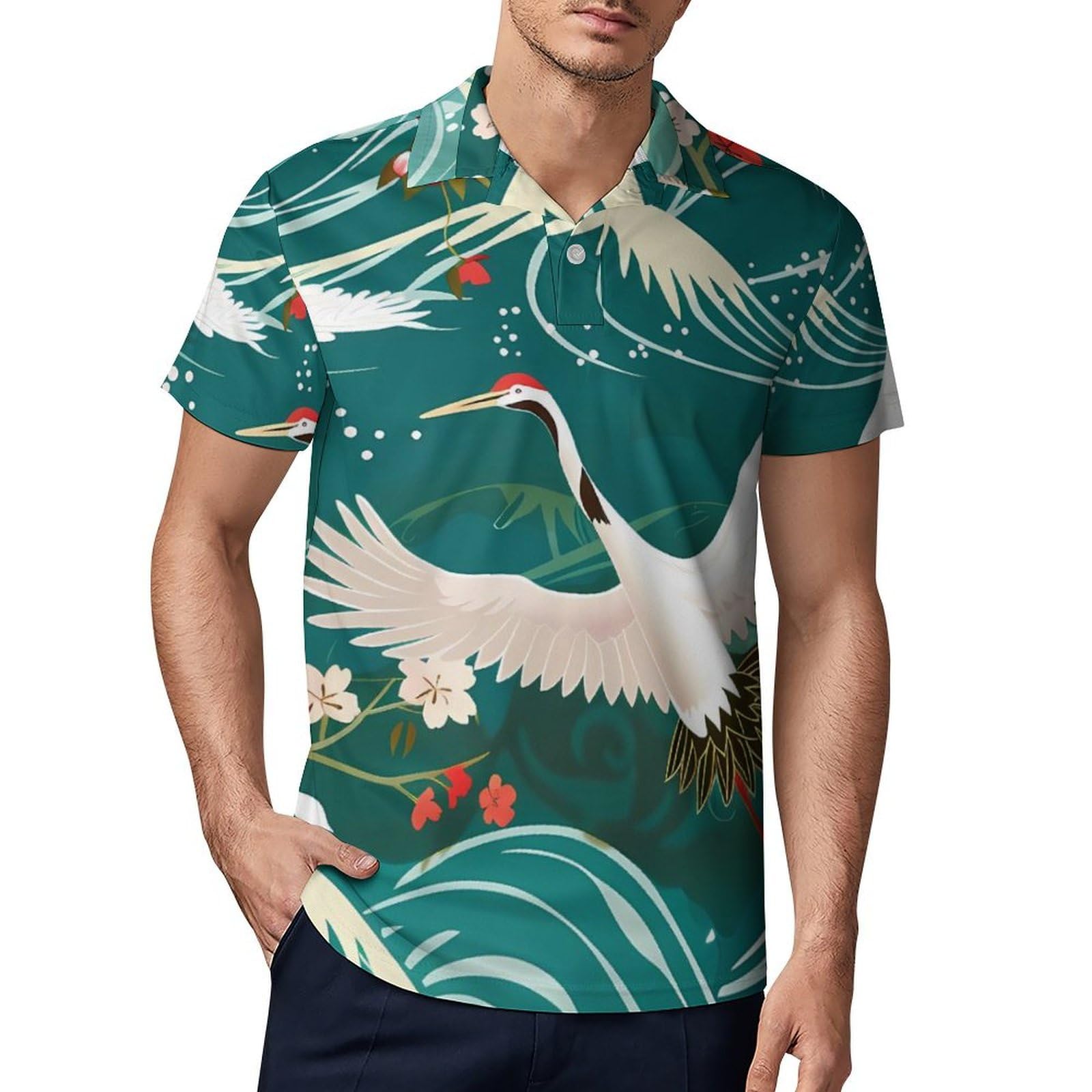 Japanese Crane Birds Wave Cherry Flowers Novelty Men's Short Sleeve Shirts Funny Golf Tennis Work T-Shirt Sport Tee S