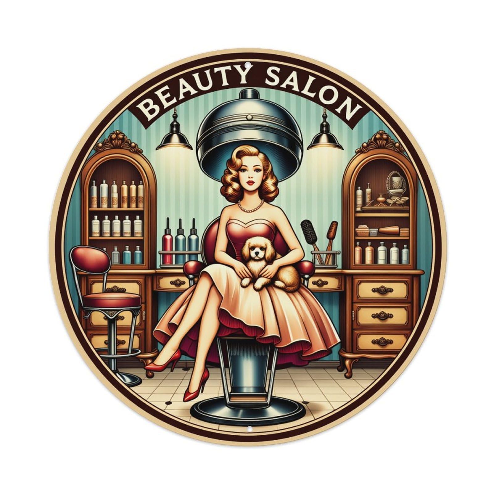 Beauty Salon Vintage Woman Dog Round Tin Sign Vintage Metal Poster, Home Bar Garage Man Cave Cafe Indoor & Outdoor Wall Decoration 8x8Inches