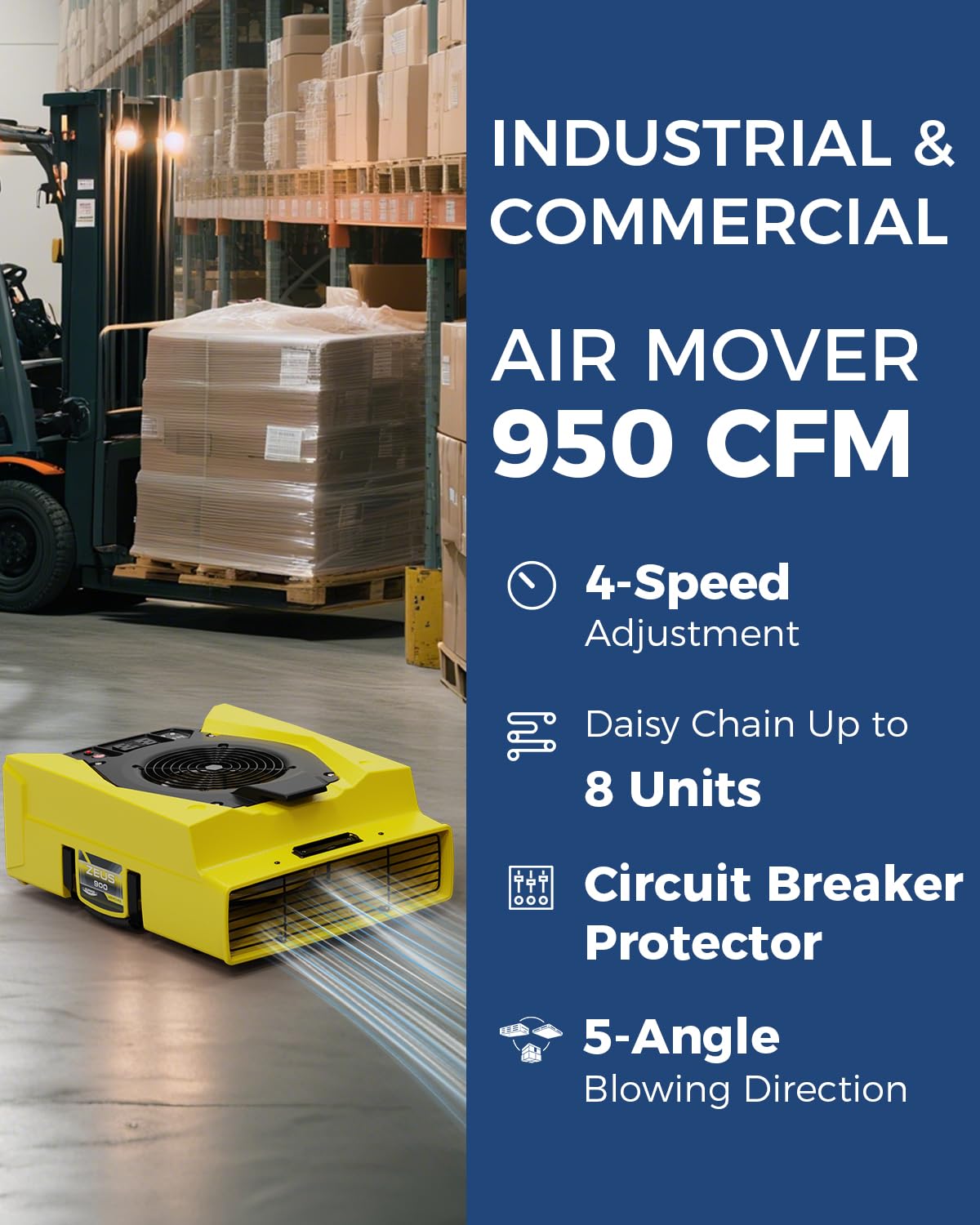 ALORAIR Zeus 900 Air Mover Commercial Blower for Carpets, Walls, Plumbing Use, Variable Speed Floor Blower Fan, 950 CFM with 1.8 Amps, Circuit Breaker Protection,on-Board Duplex GFCI, Yellow