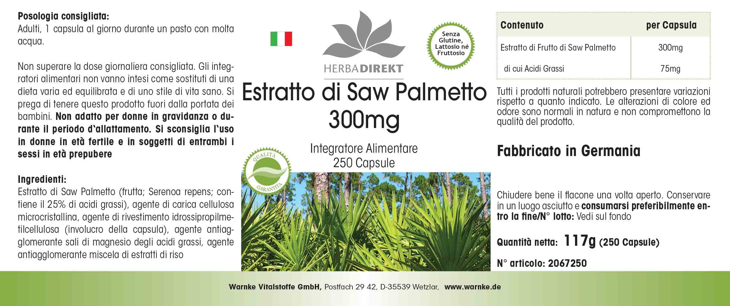 Extrait de palmier nain 300mg - avec bêta-sitostérol - grand emballage - 250 gélules | Herba Direkt - Qualité des pharmacies allemandes