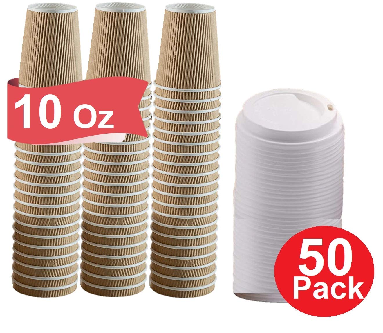 1InTheHomeDisposable Coffee Cups with Lids, Paper Cups 10 oz, Insulated Ripple Wall, 50 Pack