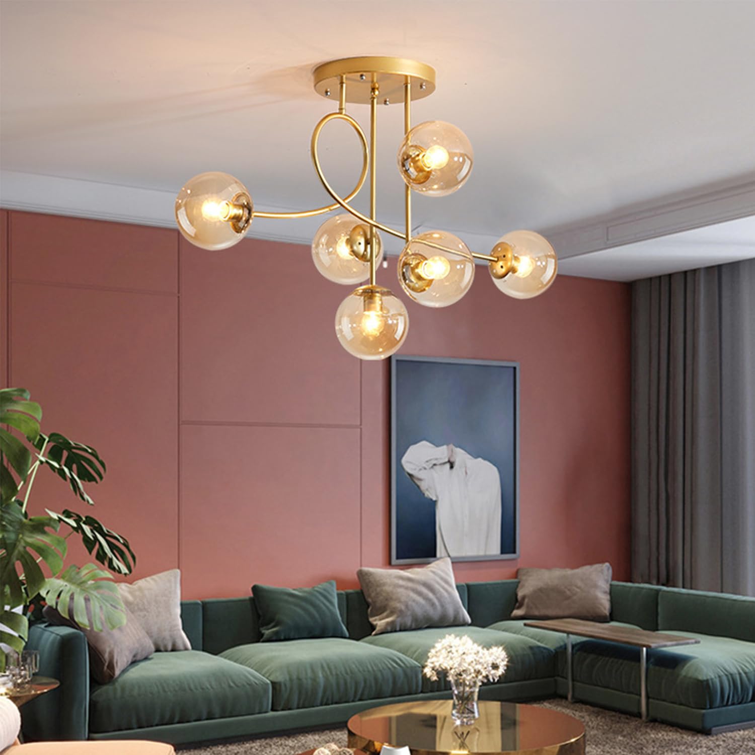 Lampadario moderno a soffitto E27 a 6 luci, lampadario a sospensione vintage in metallo con sfera di vetro E27 per camera da letto, soggiorno, cucina, loft, diametro 90 cm