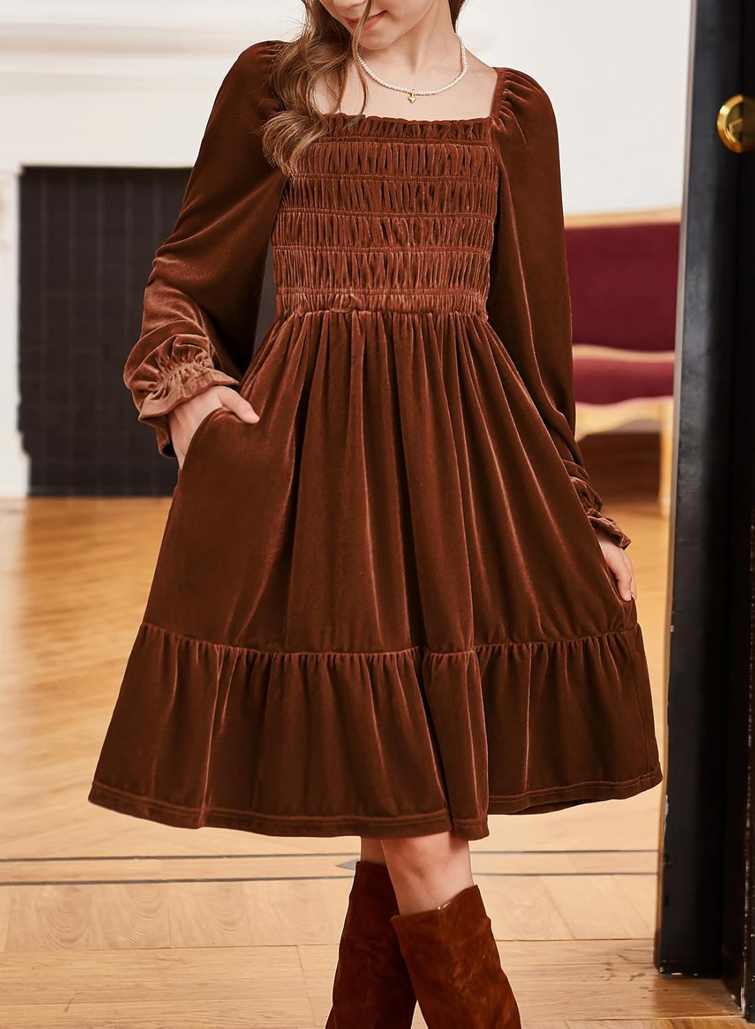 blibean Tween Girls Velvet Dresses Semi Formal Party Outfits with Pockets 6-15 Years - Image 5