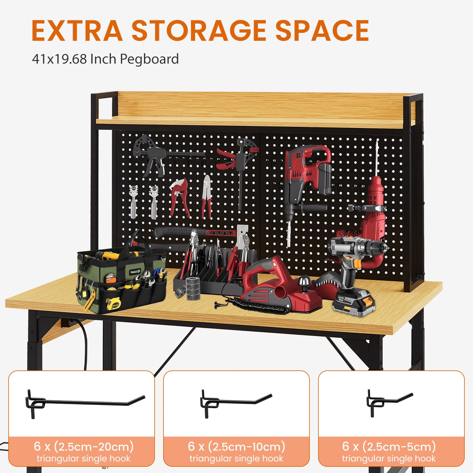 Banco de trabajo regulable en altura de 120 cm con pared perforada, banco de trabajo enrollable con ruedas, enchufes, USB y Type-C, mesa de taller con gancho y estante, banco de trabajo pesado para