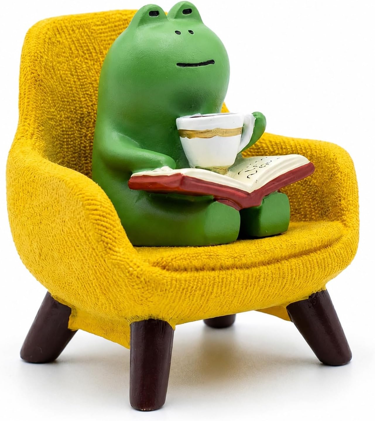 Frog in Chair Figurine, Reading Book Resin Statue, Fairy Garden Decor, Mini Desk Accessories Gift for Cat Lovers (Yellow Coffee)