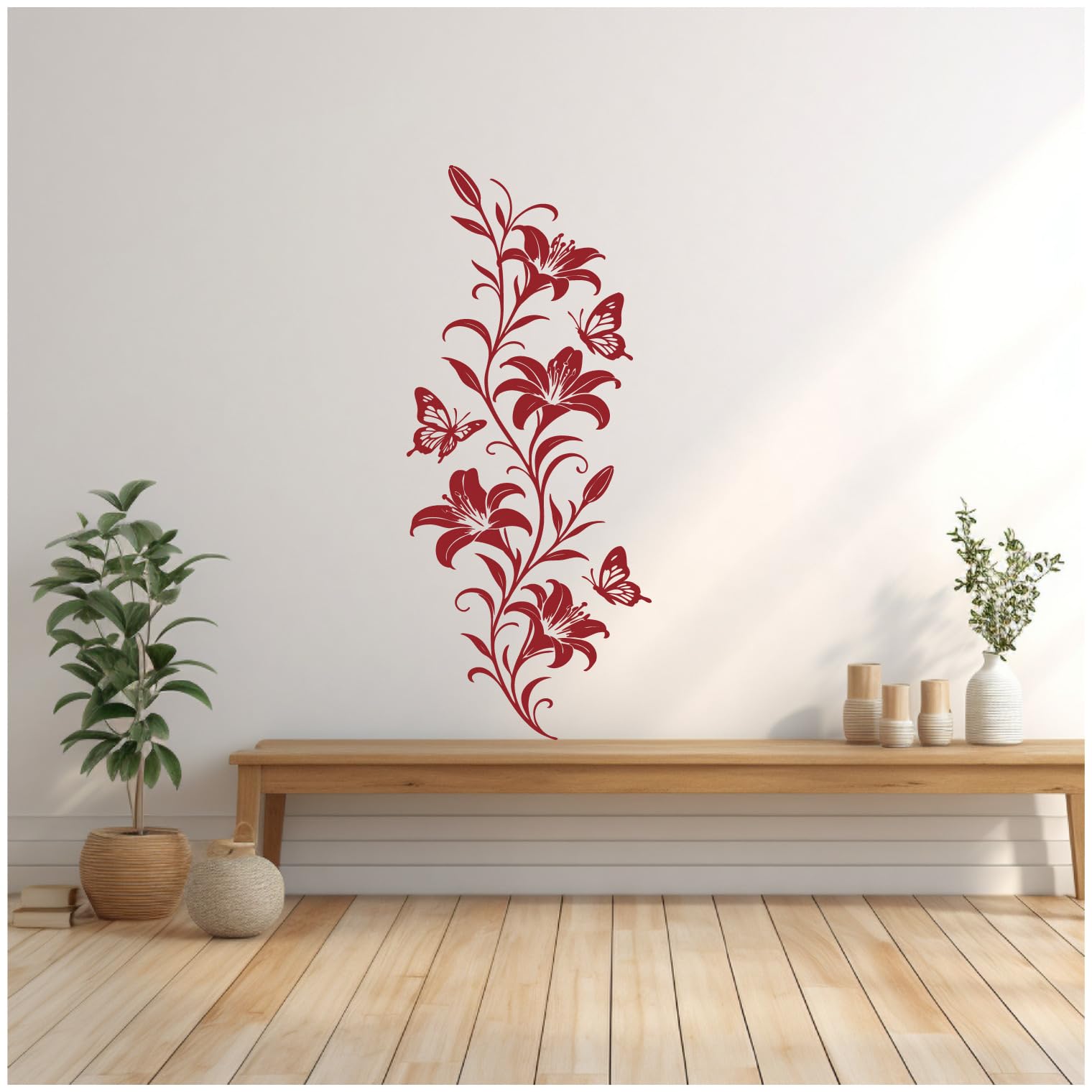 Samunshi® Wandtattoo Lilien Blumenranke mit Schmetterlingen Elegante Blumen Wanddekoration Florales Wandmotiv für Wohnzimmer, Schlafzimmer, Flur und Küche grau 57 x 150cm