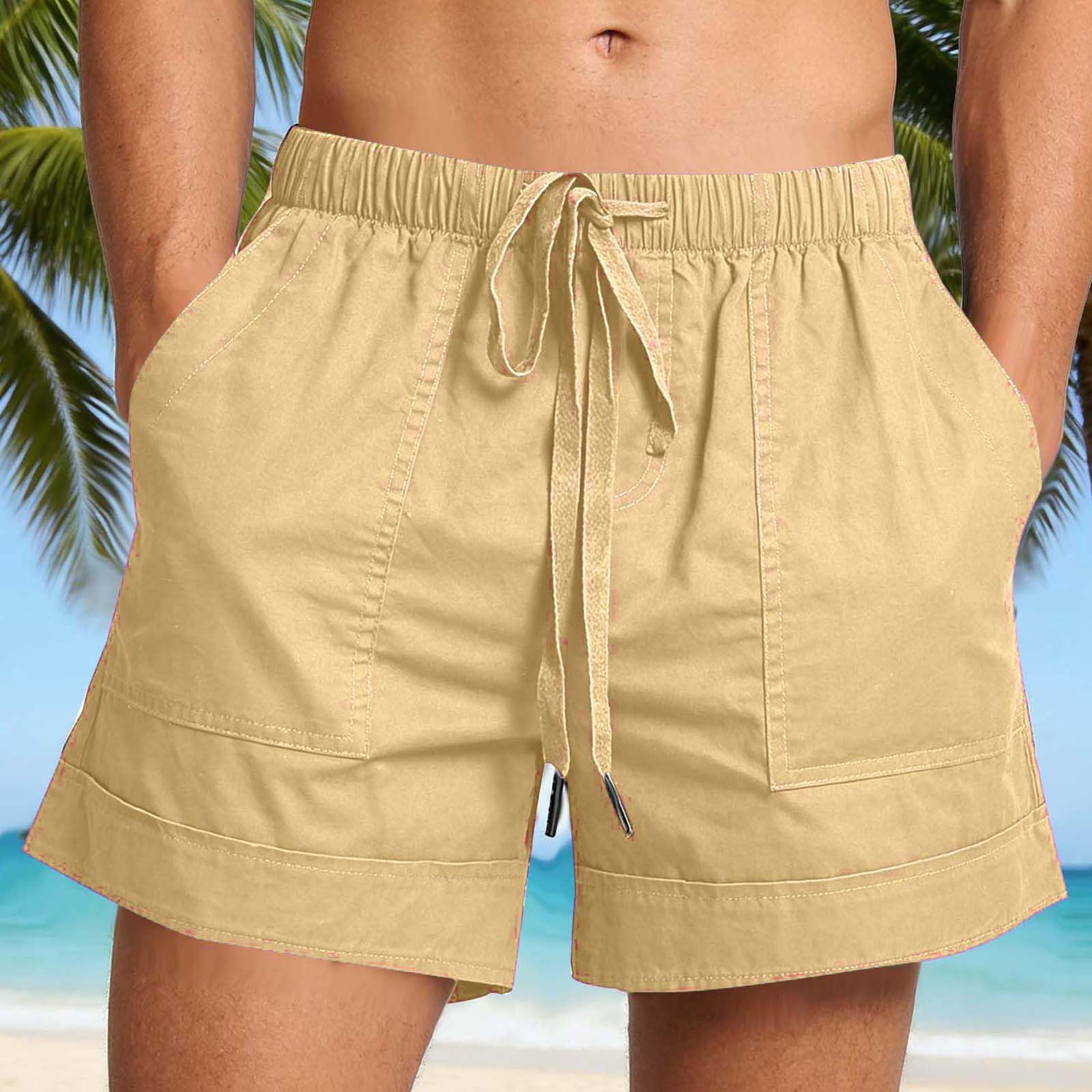 Pantalones cortos casuales de algodón transpirable para hombre, con cintura elástica, ajuste regular, para descansar, playa, con cordón, ligeros, holgados, suaves, cómodos, pantalones de verano de