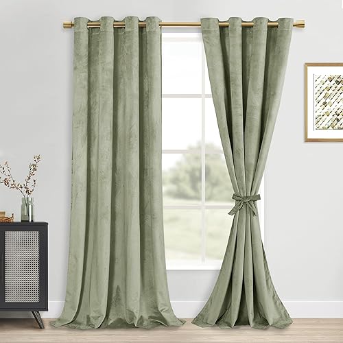 DWCN Light Sage Velvet Curtains 84 Inches Length with Tiebacks - Grommet Bundleable Window Treatments Room Darkening Privacy Protect Drapes for Bedroom Living Room Home Decor, W52 x L84, 2 Panels