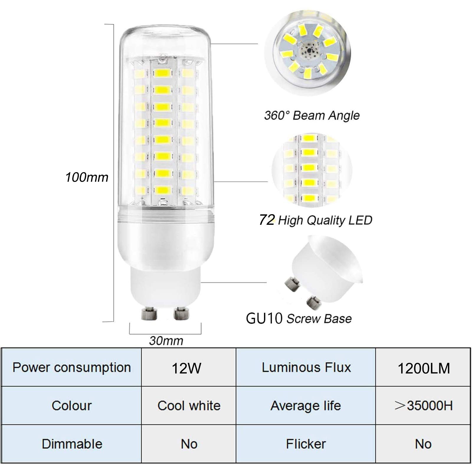 Bombilla LED tubular maíz GU10 12 W, frío, 6000 K, equivalente a luz incandescente 100 W, candelabro LED GU10, bombillas ángulo haz 360 grados, no regulables, 8 unidades