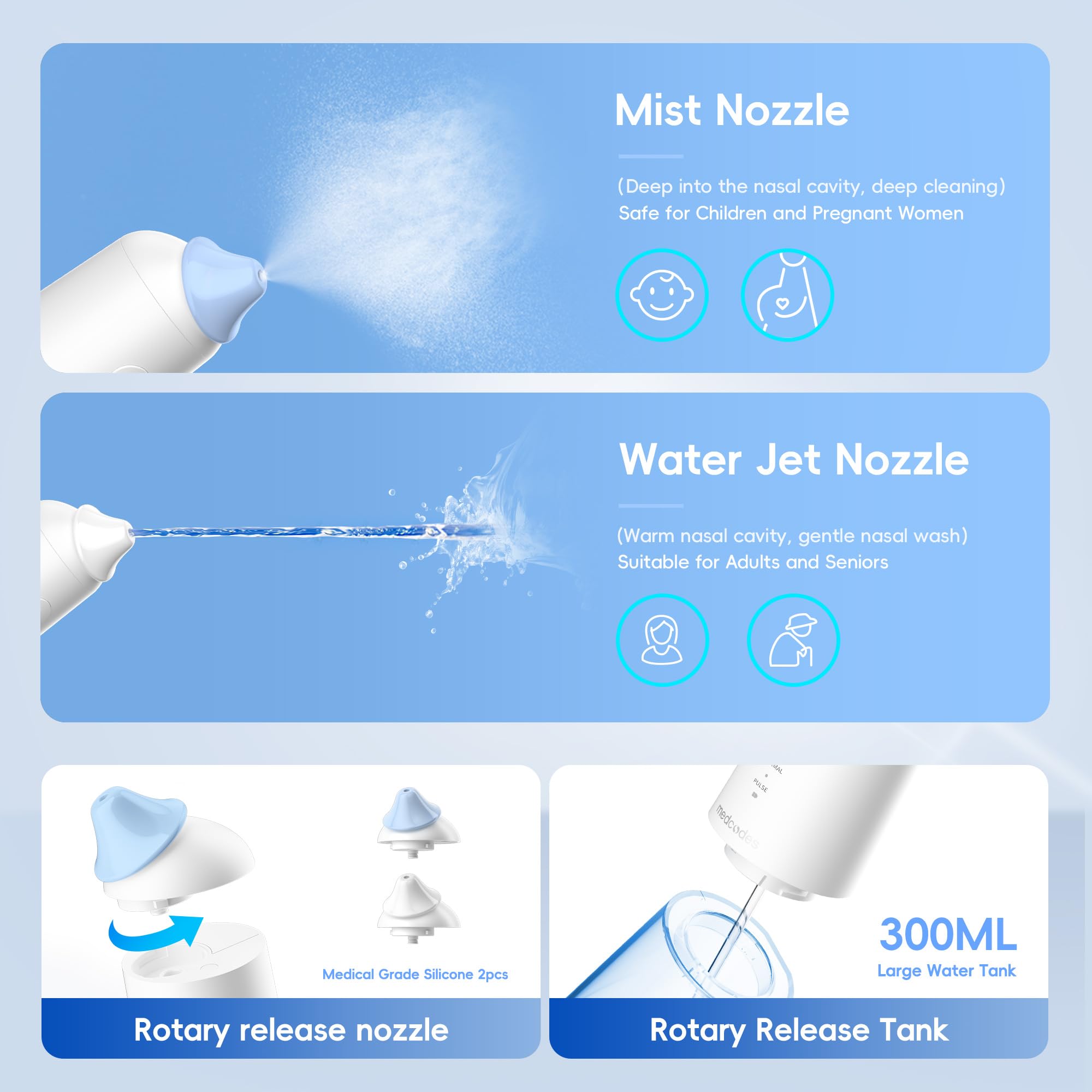 Nasendusche Set Nasales Bewässerungssystem, Elektrisch Nasenspülmaschine, Nasenspülkanne zur Nasenreinigung und Nasenspülung bei Erkältung und Allergie, 30x Nasenspülsalz