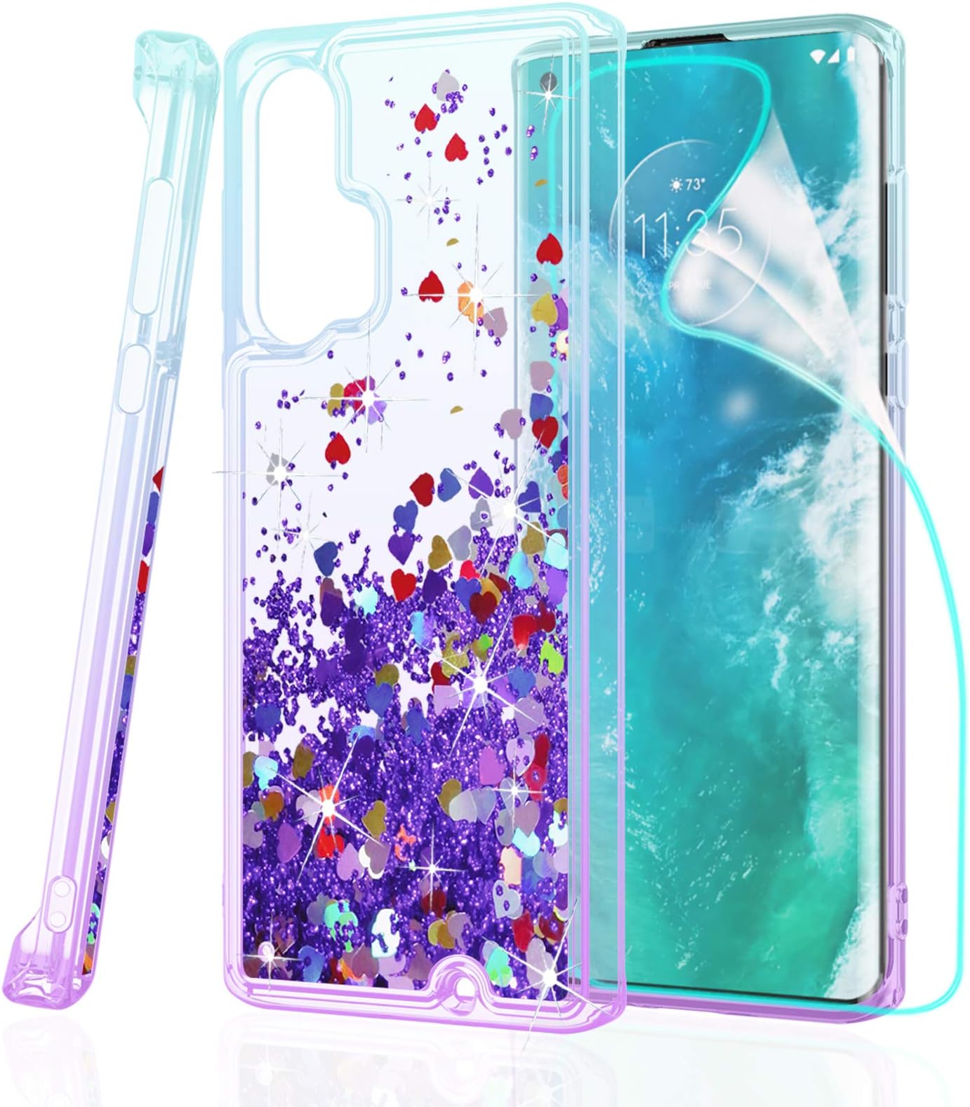 Compatible for Motorola Moto Edge+ 5G Case,Edge Plus Phone Case,Bling Waterfall Floating Quicksand Heavy Duty Shockproof Protective Cover with HD Screen Protector-Lake/Purple