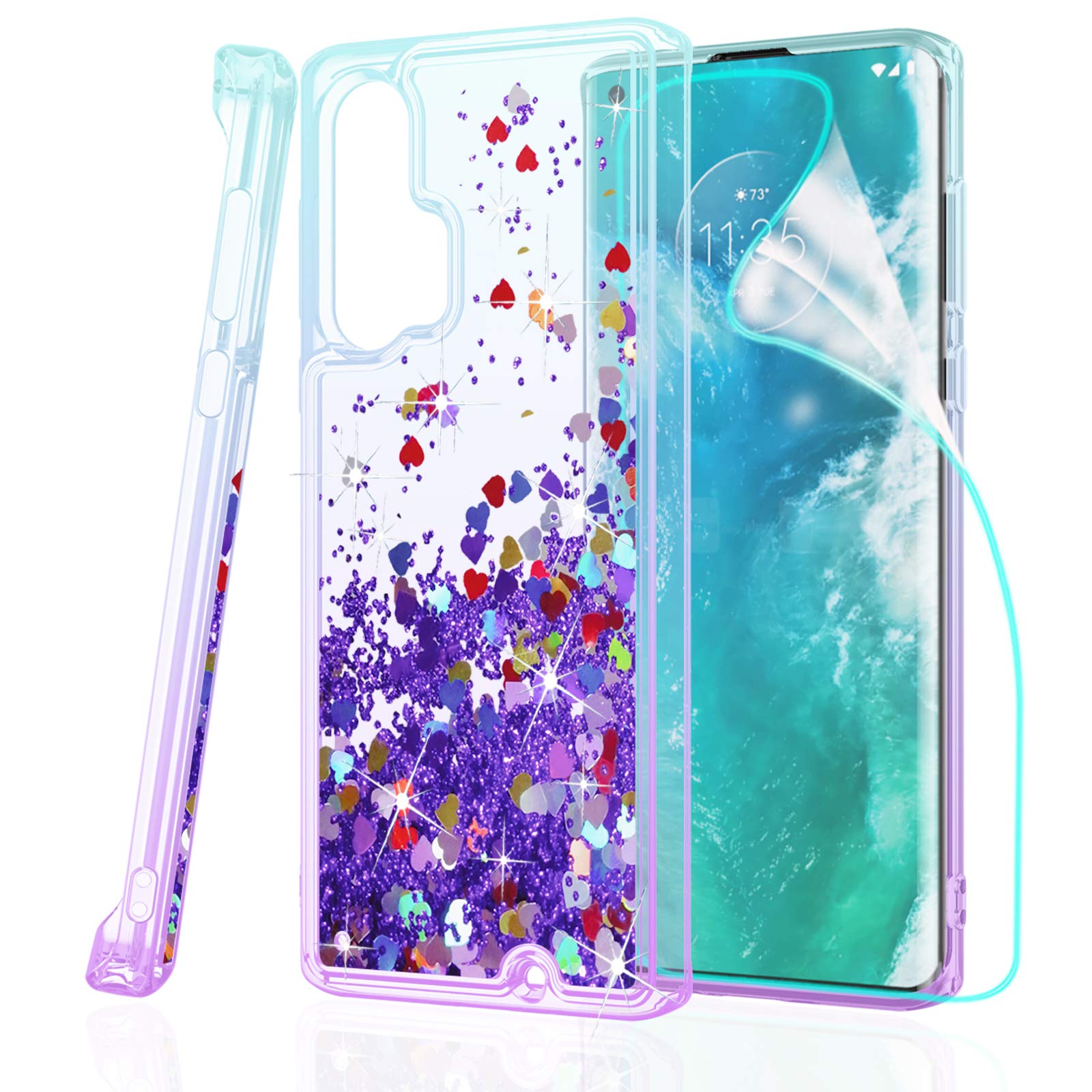 Compatible for Motorola Moto Edge+ 5G Case,Edge Plus Phone Case,Bling Waterfall Floating Quicksand Heavy Duty Shockproof Protective Cover with HD Screen Protector-Lake/Purple