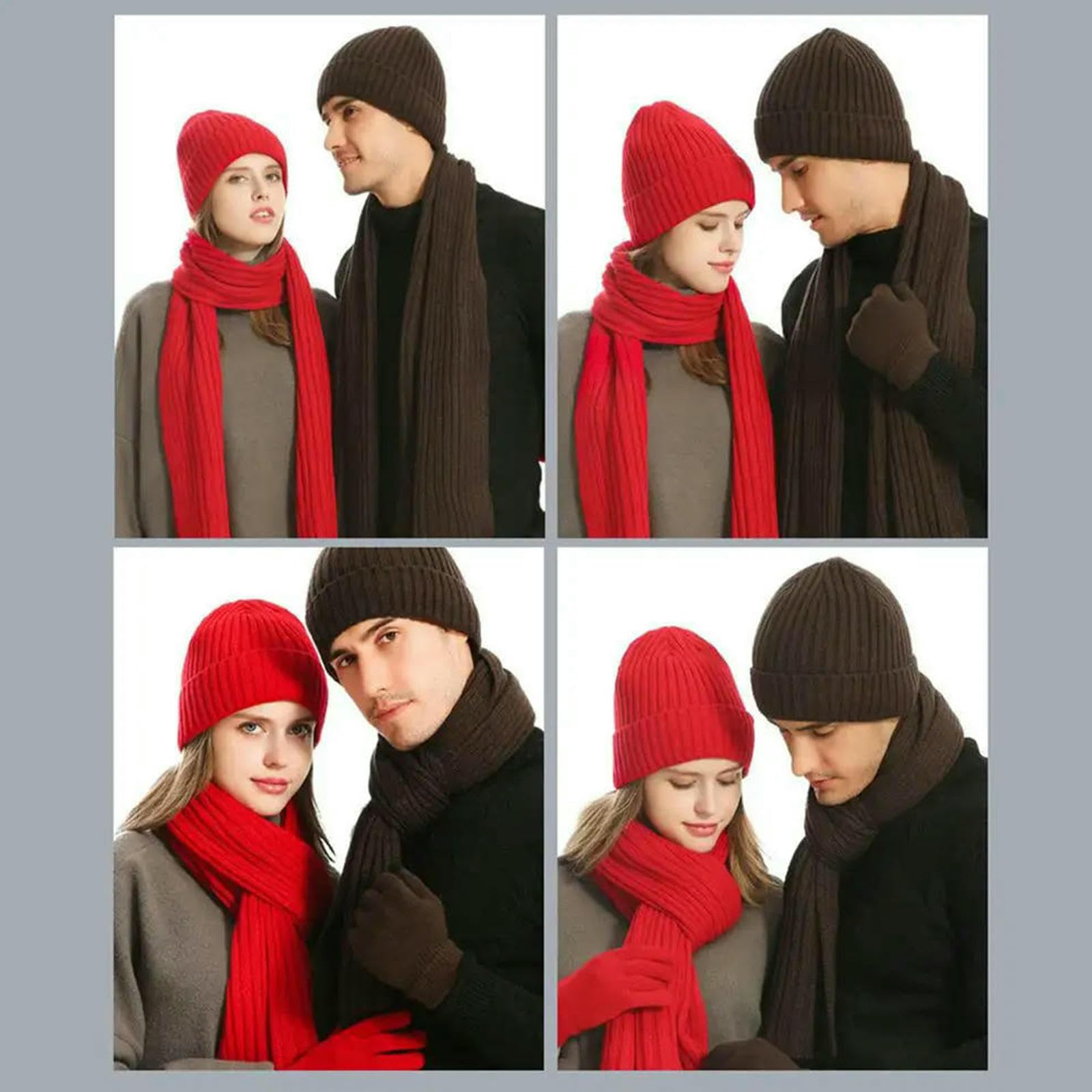 Mütze,Schal & Handschuh-Sets Verdickte Mützen, Schals, Handschuhe, Unisex, Fleece-gefütterte Beanie-mütze, Warmer Winterstrick, 3-in-1-set Für Damen Und Herren-rot