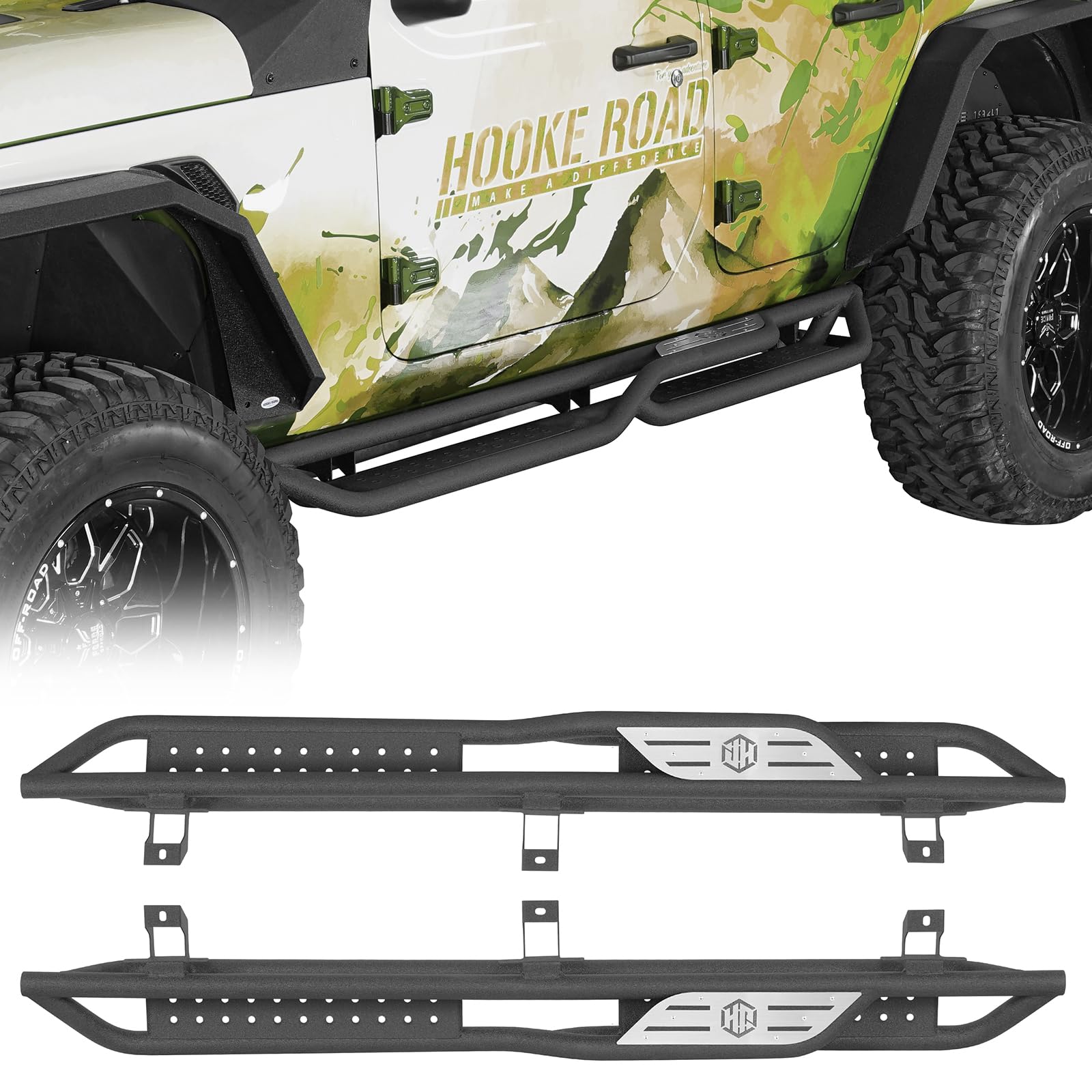 Hooke Road JL Running Boards 4 Doors, Two-Stair Side Step Nerf Bars for 2018-2026 Jeep Wrangler JL Unlimited 4-Door, Tubular Rock Sliders with 7.5" Wide Non-Slip Foot Pedal