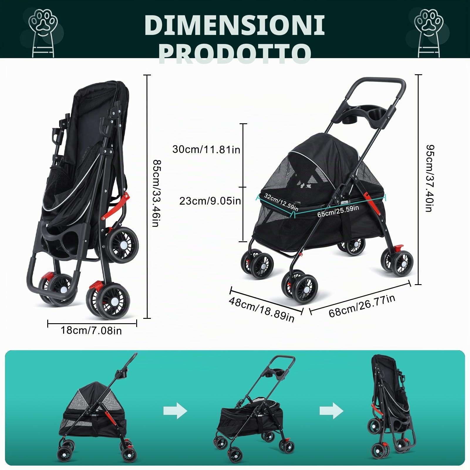 tinysiry Passeggino pieghevole a 4 ruote per cani e gatti, da viaggio, per animali domestici, con portabicchieri e rete traspirante visibile, passeggini pieghevoli per animali domestici, trasportini
