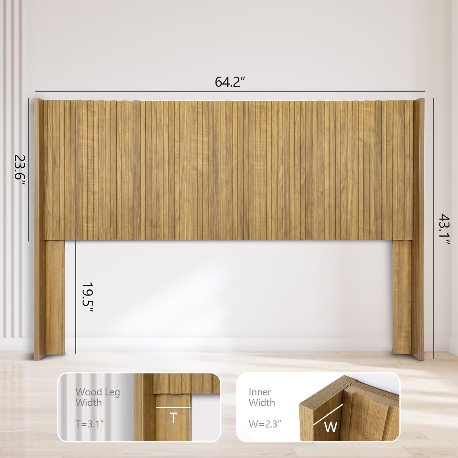 ZYBT Wooden Headboard Queen Size, Boho Farmhouse Fluted Wall Mounted Headboards with Wingbacks, Mid Century Modern Wood Fluted Panel Headboard Only for Bedroom