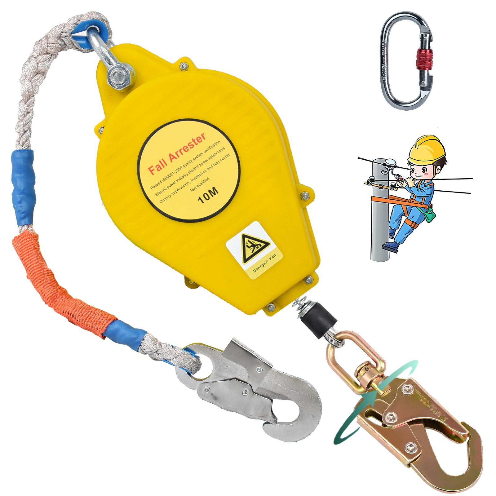 Dispositivo Anticaidas Retráctil Seguridad, 10m Linea de Vida Retractil Homologado, 150kg Arnés Seguridad Anticaídas Retráctil Trabajo en Altura/ Tejados con Gancho Autoblocante(Amarillo, 10m)