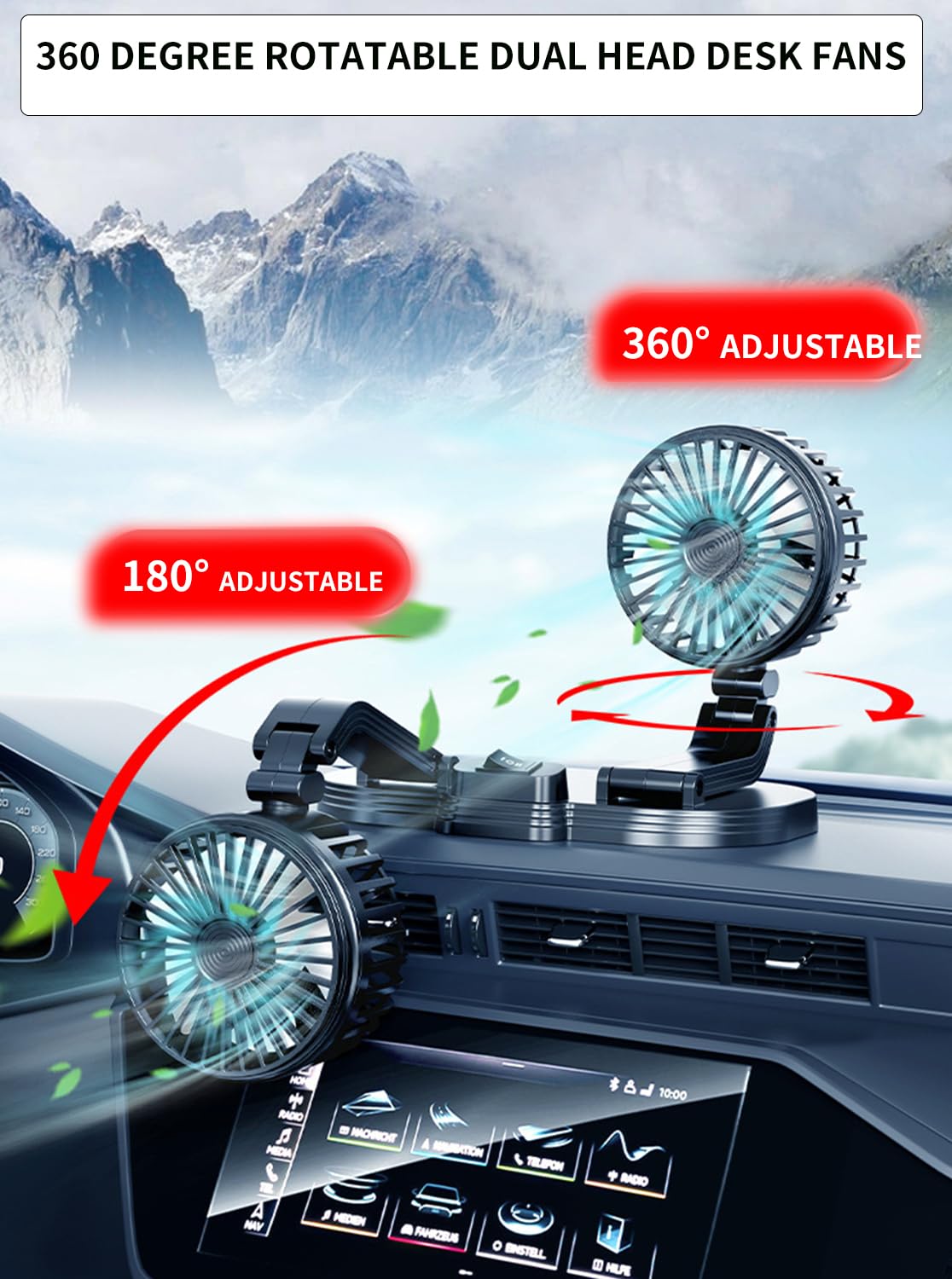 Car Fans, Portable Vehicle Cooling Fan, Dual Head USB Fan for Car with 2 Speeds, 360° Rotation, 5V/2A Usb Powered Car Fan for Car Dashboard, SUV,RV,Sedan,Truck,Cruise,Home & Office (1-BLACK)