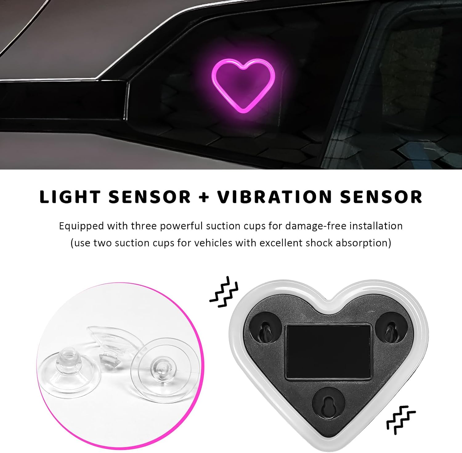 Sun Walker Heart-Shaped Car LED Ambient Light, Solar-Powered Love Heart Lamp Vehicle C-Pillar Atmosphere Light, Vibration-Sensing Triangle Window Lights Car Interior Decoration (Pink)