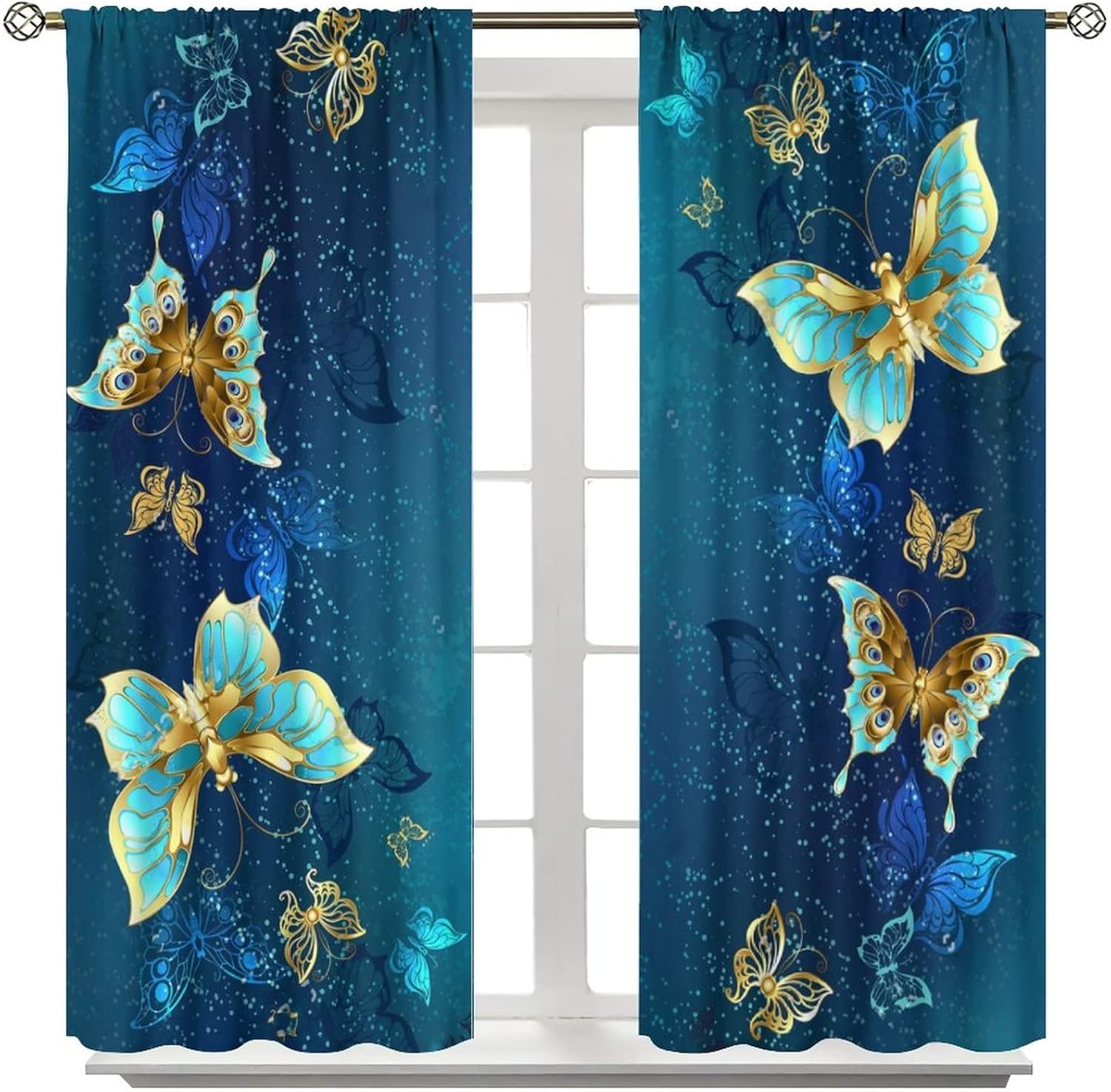 Butterfly Curtain for Girls Bedroom Decor,Blue Irises Yellow Daisies Floral Background Print Window Drapes for Kids Living Room Kitchen Decor Blackout Draperies for Bedroom Window 42x45in