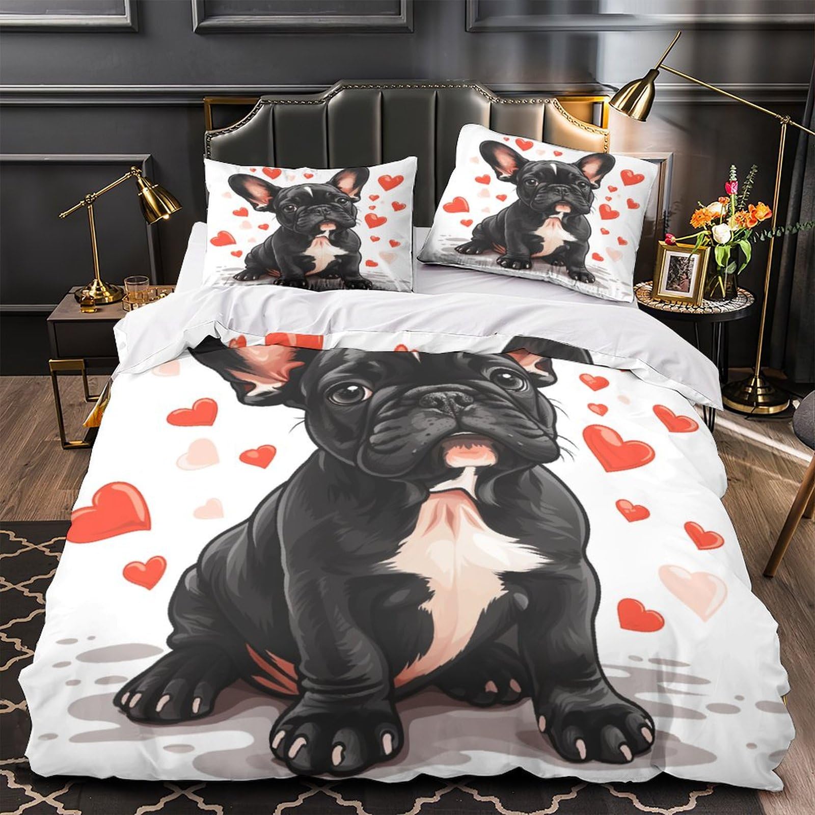 Stampato in 3D Bulldog francese Copertina Stampata Microfibra Disegnata Biancheria Da Letto Stile Morbido Con 2 Federe,Double（200x200cm）, Per Ragazzi Adulti