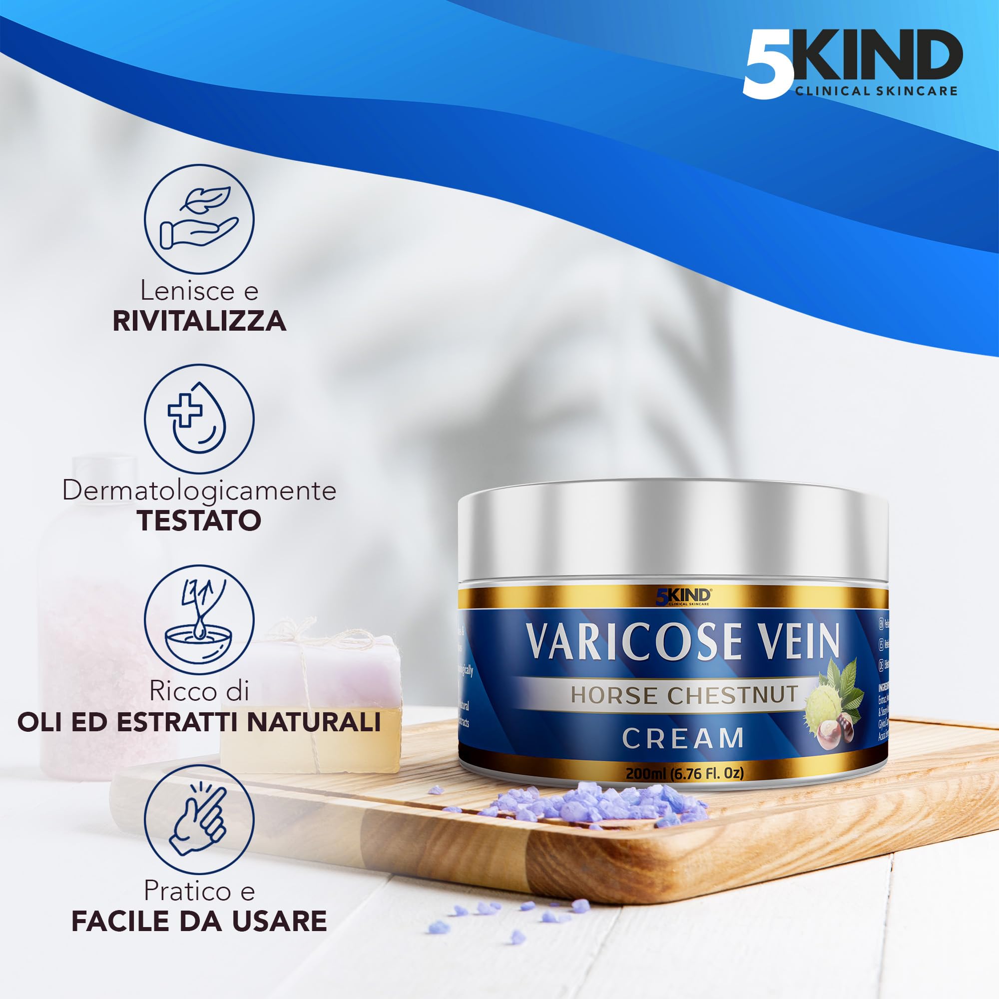 5Kind Crema vene varicose professionale - L'imballaggio può variare- Vene varicose trattamento circolazione gambe - Crema per gambe gonfie e pesanti - Oltre 7 principi attivi naturali