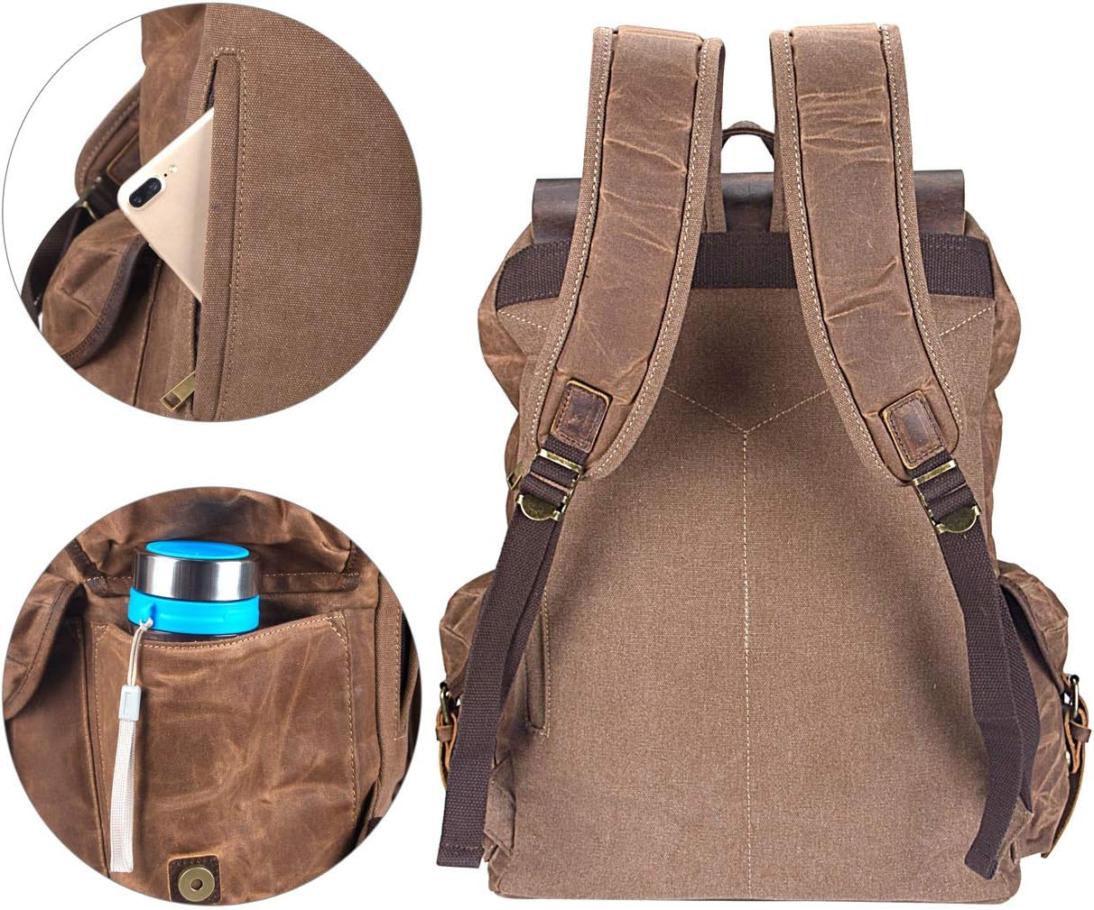 WUDON Leather Backpack for Men, Waxed Canvas Shoulder Rucksack Carry-On Travel Backpack - Image 5