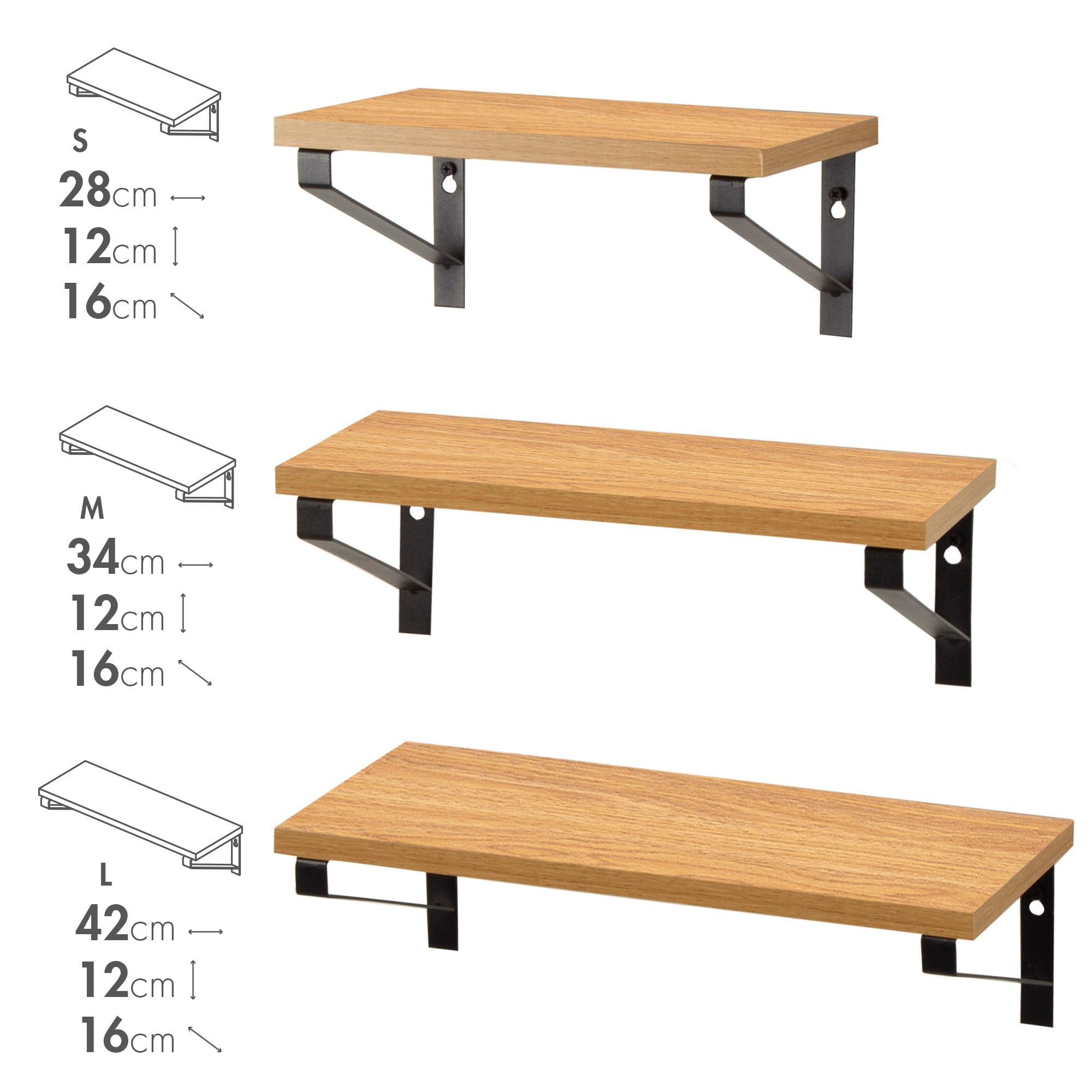 AKTIVE MAX Home Set de 3 estantes de Pared, 42, 34 y 28 cm, Peso máximo 6 kg, con Estructura metálica Negra, Efecto Roble, Decorativa, para salón, Dormitorio, Cocina, Oficina (18484)