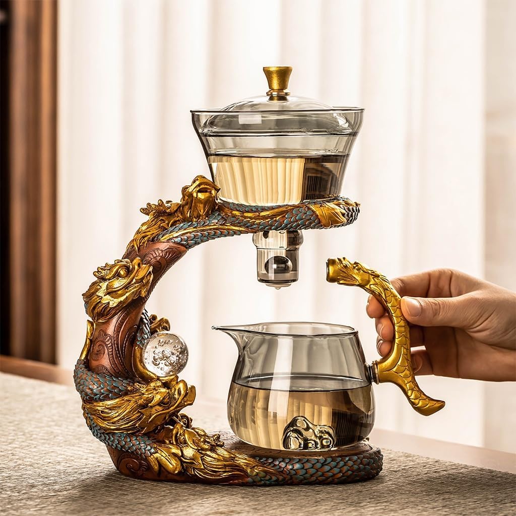 Tea Service Glass Teapot with Magnet Dragon Design Lazy Kungfu Glass Tea Service Semi-Automatic Tea Set Suitable for Tea Lovers Boys and Girls Chinese Tea Service Set Gold