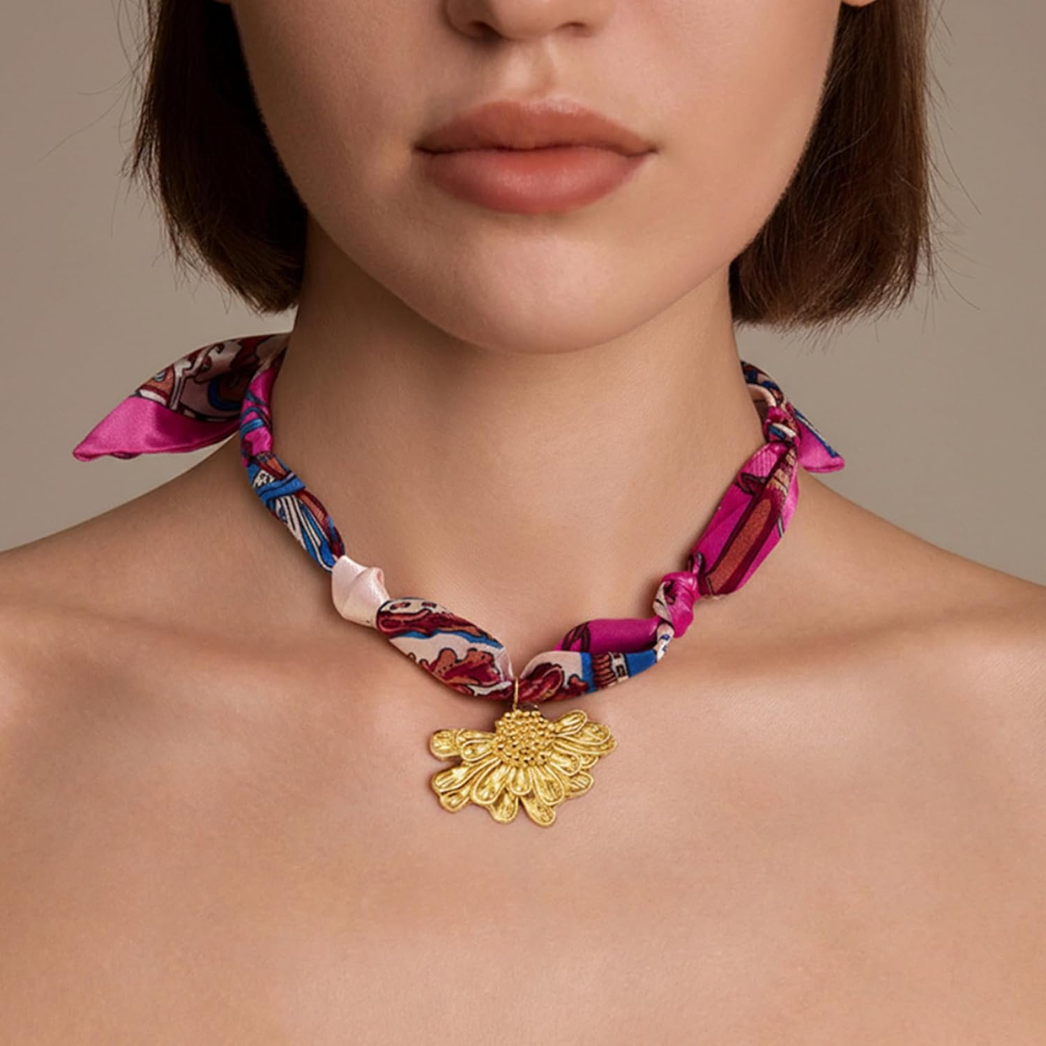 Scarf Necklace with Charm for Women, Gold Boho Western Pink Red Blue Green Silk Bandana Stainless Steel Bow Flower Heart Charm Choker Necklaces Trendy Vintage Handmade DIY Jewelry Gift - Image 2