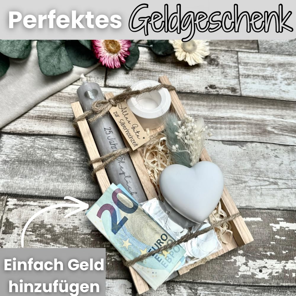 Silberhochzeit Geschenk - 25 Jahre Eheglück - Geldgeschenk - liebevolle Silberhochzeit Geschenkideen - Silberne Hochzeit - Trockenblumen - Holzbox mit Kerze