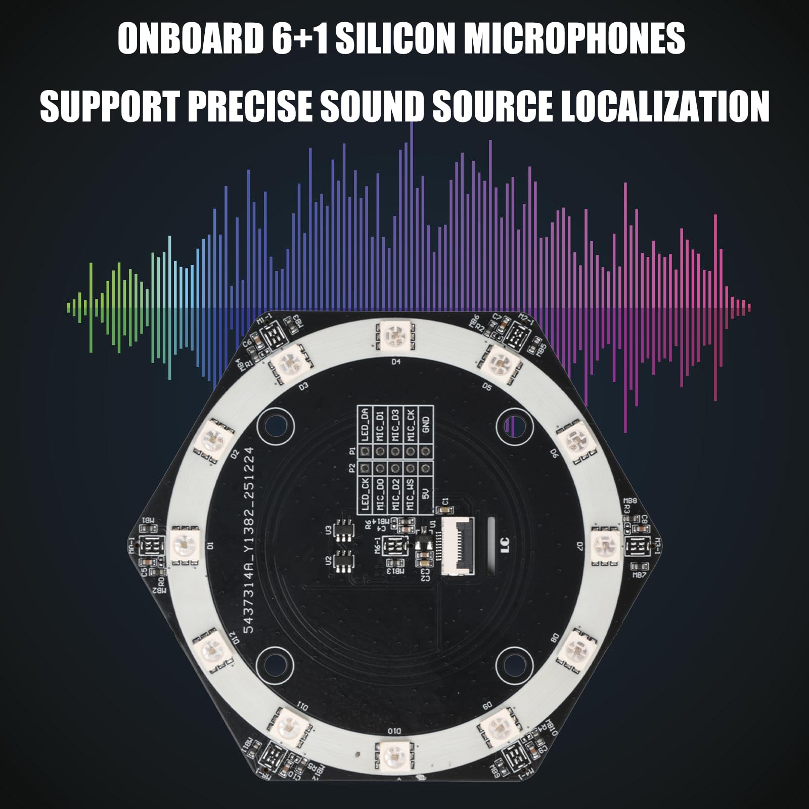 Tablica mikrofonowa 6+1 do lokalizacji źródła dźwięku z interfejsami I2S i programowalnymi diodami LED, zintegrowana struktura Pickup Array