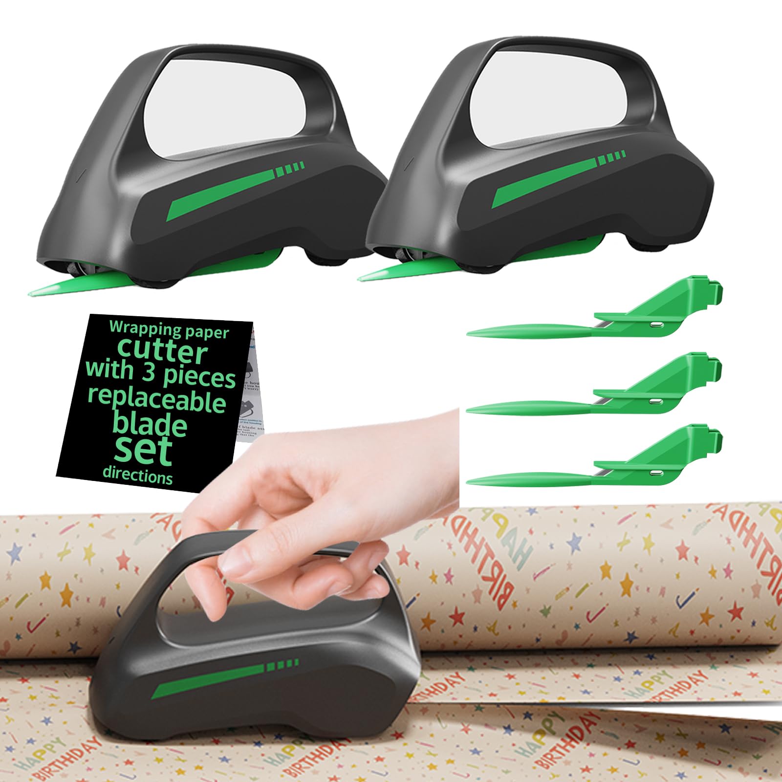 2PC Wrapping Paper Cutter with 3 Replaceable Blades, Car Design Cutter Dispenser Tool Adapt for Any Diameter Gift Wrapping Paper Roll, Cutting Efficient Straight Easily & Safely on Halloween Christmas