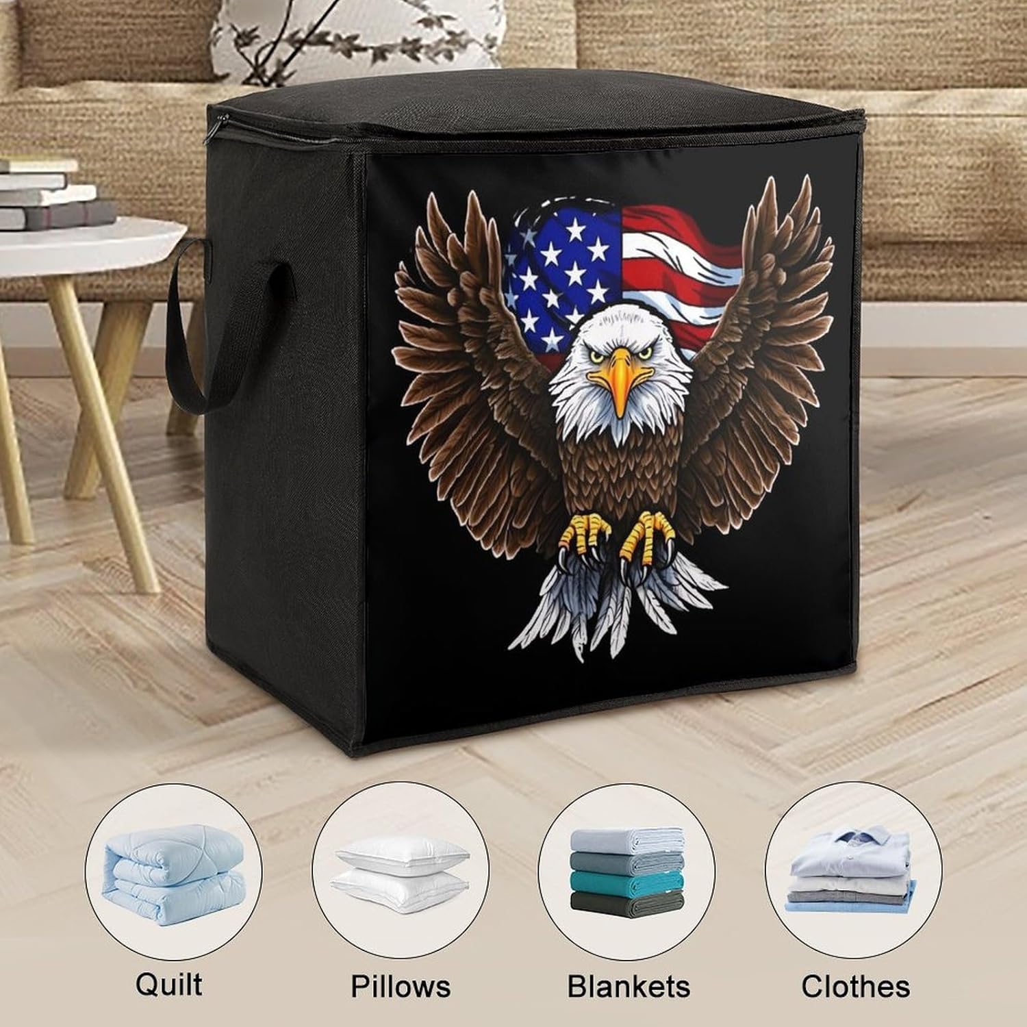 Quilt Storage Bag,USA Flag Patriotic Eagle Printed Large Foldable Storage Container Portable Travel Storage Bag for Blankets, Quilts, Clothes, Comforter, Bedding And Pillows
