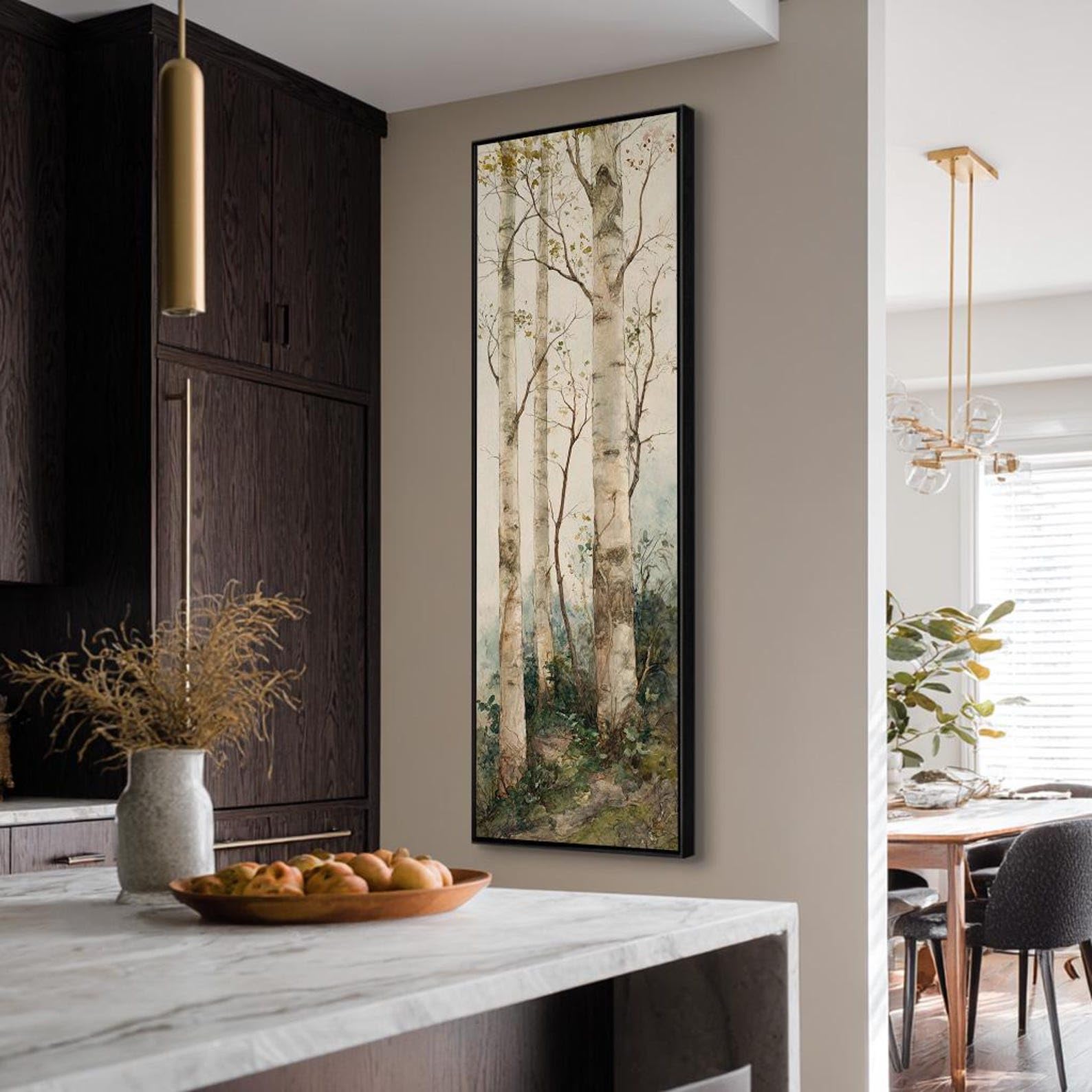 XBTYKPB Quadro su tela alto e stretto, decorazione verticale con betulla, opera d'arte incorniciata, paesaggio moderno con scena naturale, decorazione per interni (50x150 cm/cornice interna)