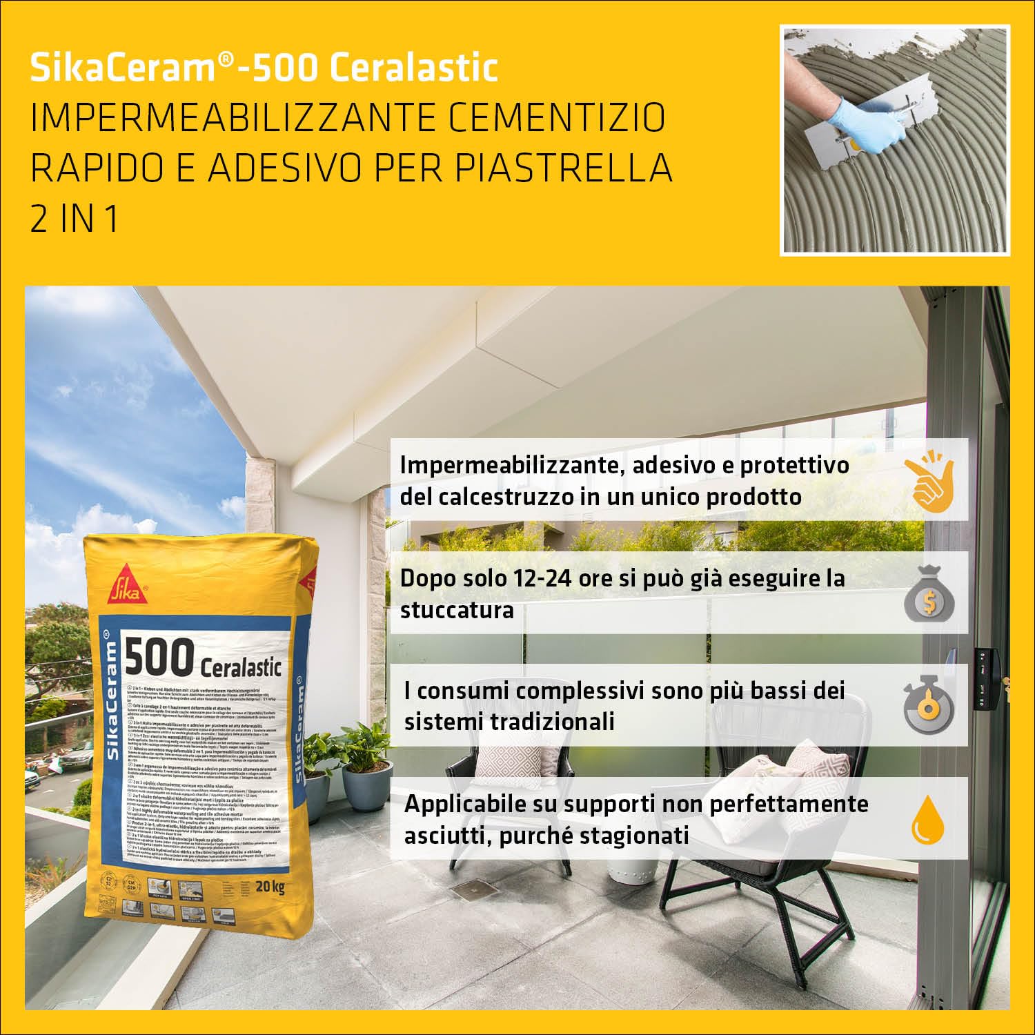 SIKA - Impermeabilizzante e colla - SikaCeram 500 Ceralastic - Grigio, 20kg