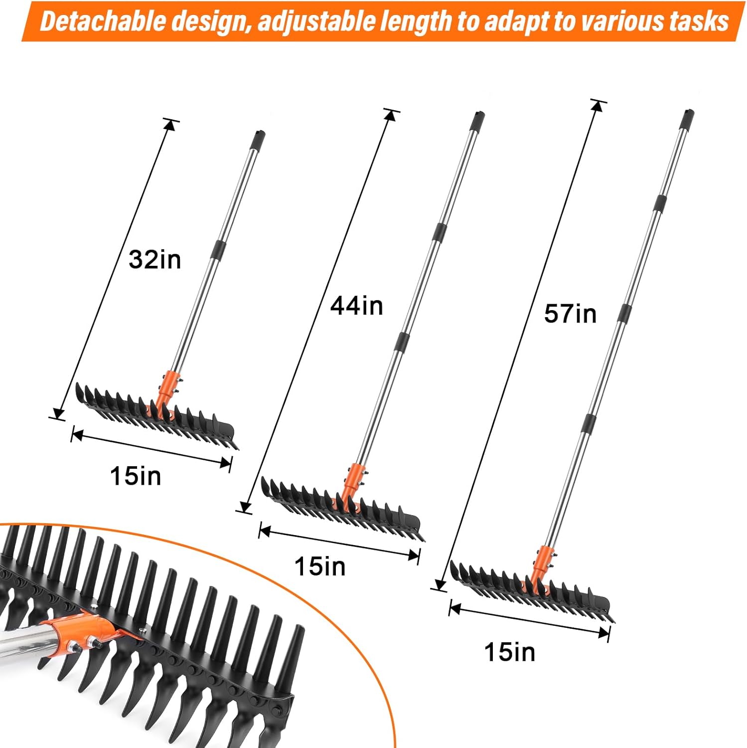 Lmaytech Garden Thatch Rake for Lawn, Heavy Duty Metal Thatching rake with Strong Handle, Wide 15inch Iron Dethatcher Rakes for Yard Leaf & Weed Clean, Soil Loose, Grass Groom